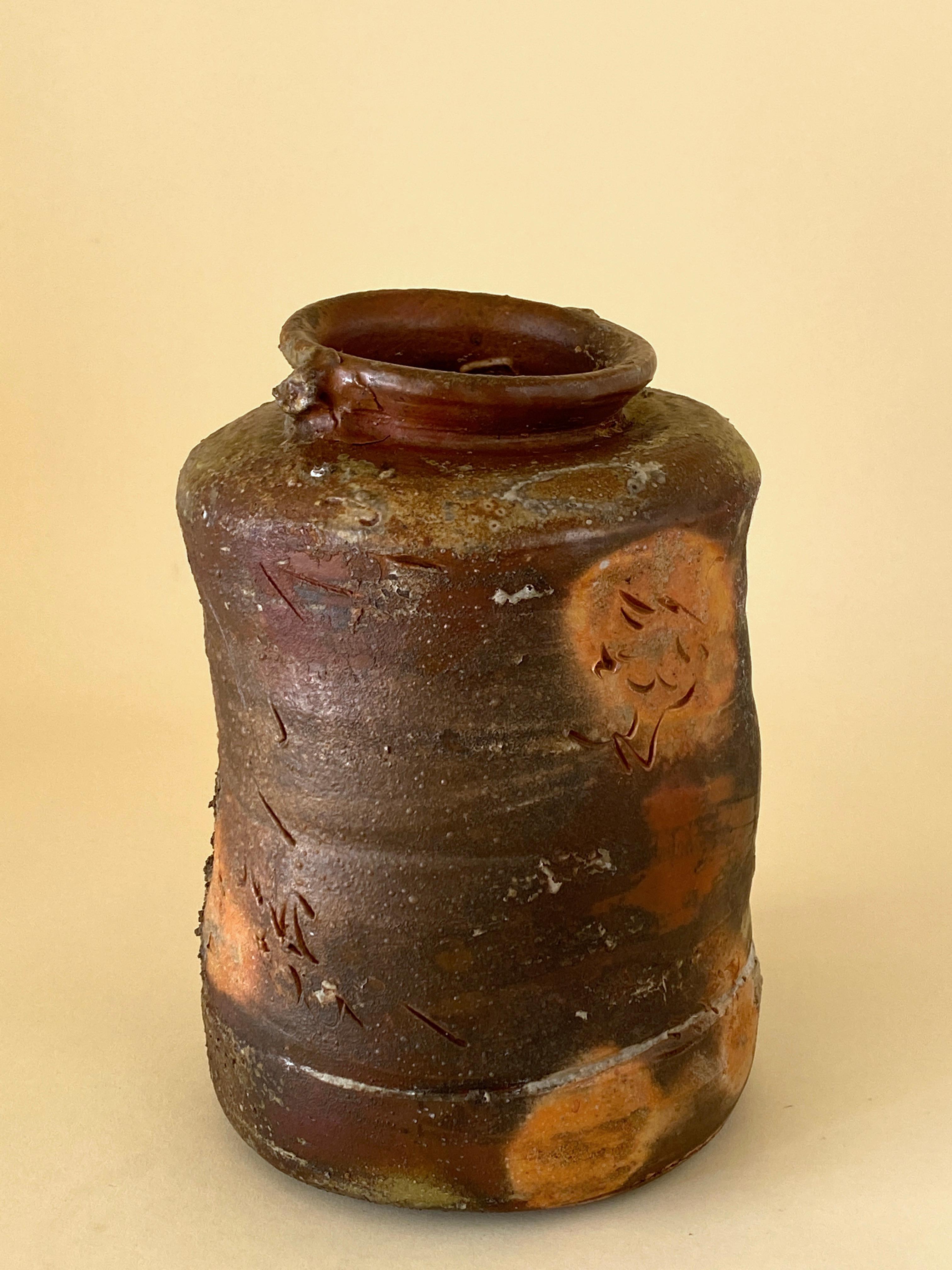 Japonisme Shigaraki Style Wood Fired Ceramic Vase or Jar Japan Wabi Sabi Mingei Tradition For Sale