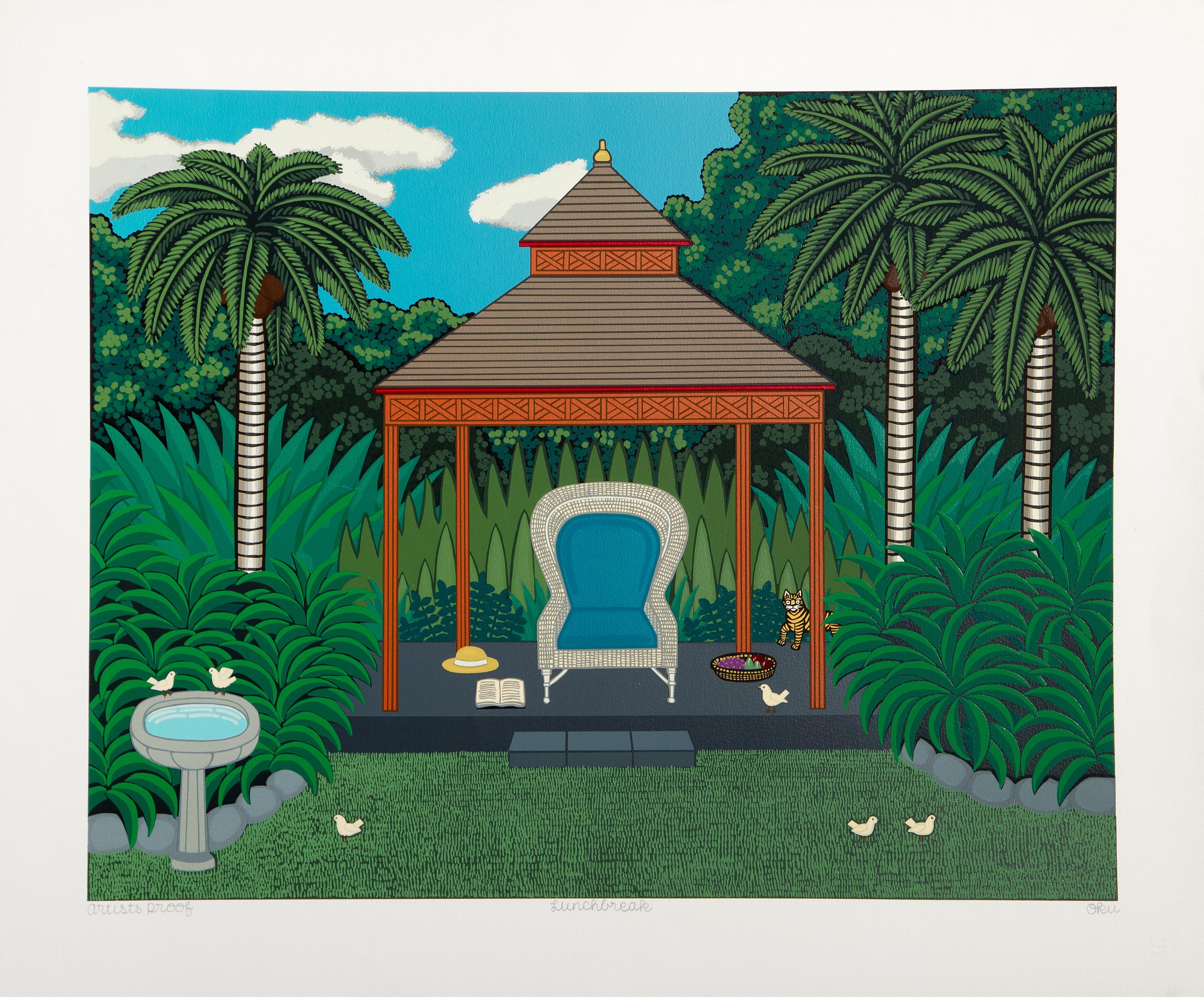 Shigeo Okumura, Giapponese (1937 - 1993) - Pausa pranzo, Medio: Serigrafia su archi, firmata, numerata e titolata a matita, Edizione: AP, Dimensioni immagine: 20 x 25 pollici, Dimensioni: 25 x 29,75 pollici (63,5 x 75,57 cm)