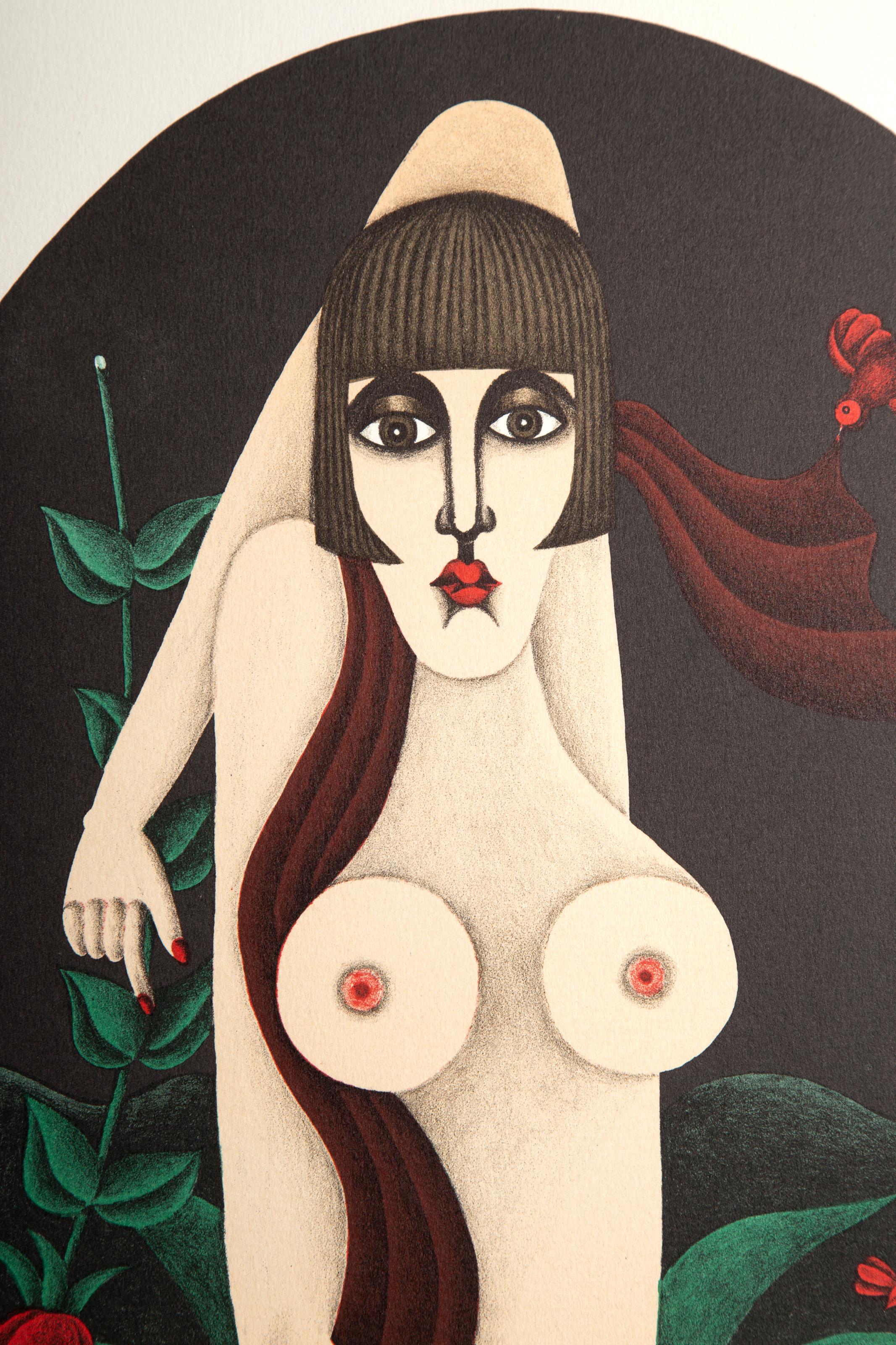 Donna con rosa, serigrafia moderna di Shigeo Okumura in vendita 1