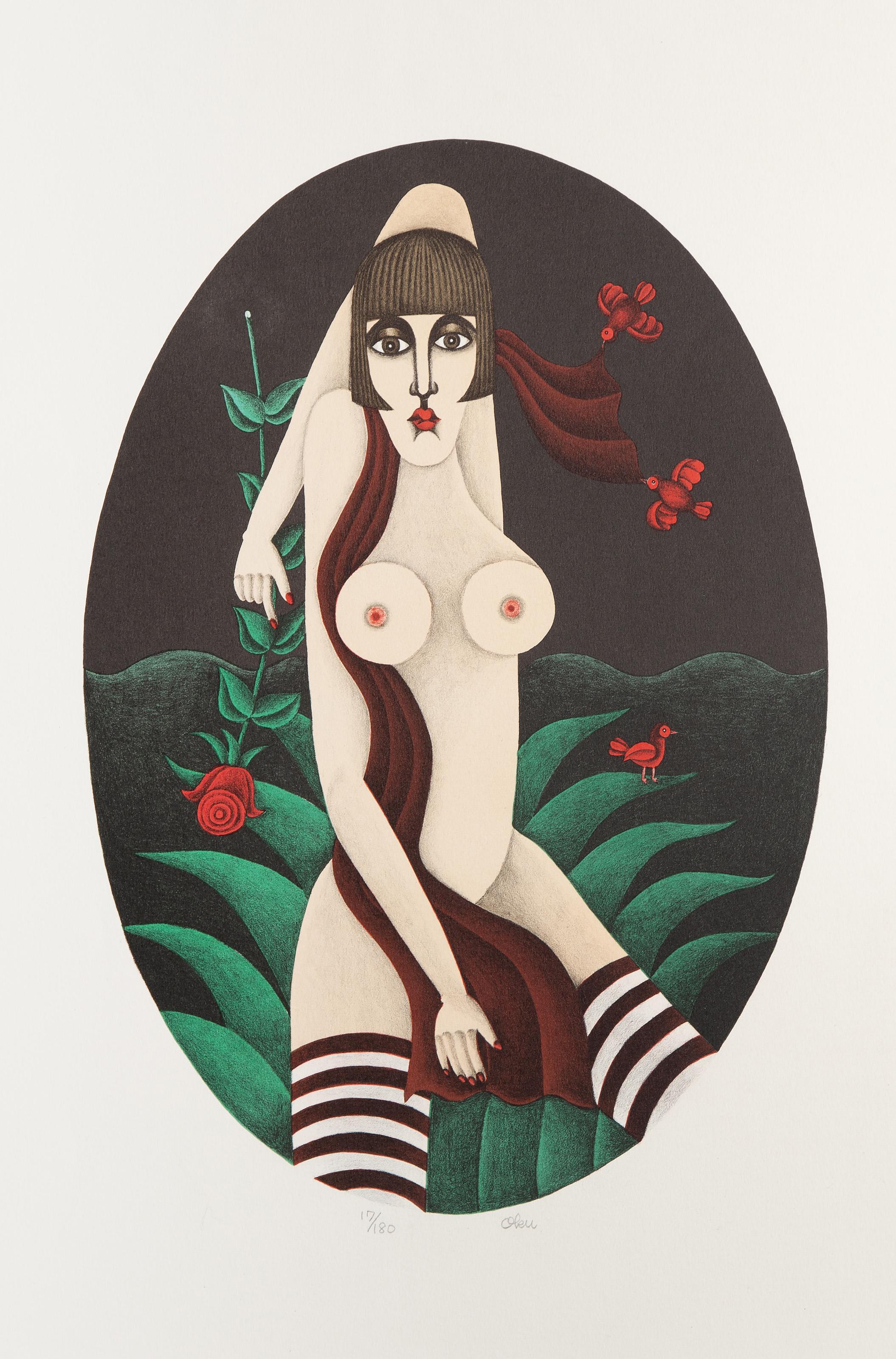 Shigeo Okumura, Giapponese (1937 - 1993) - Donna con rosa, Medium: Serigrafia su archi, firmata e numerata a matita, Edizione: 17/180, Dimensioni immagine: 20 x 14 pollici, Dimensioni: 30 x 22 pollici (76,2 x 55,88 cm)