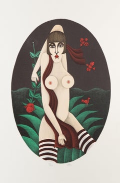 Femme avec une rose, sérigraphie moderne de Shigeo Okumura