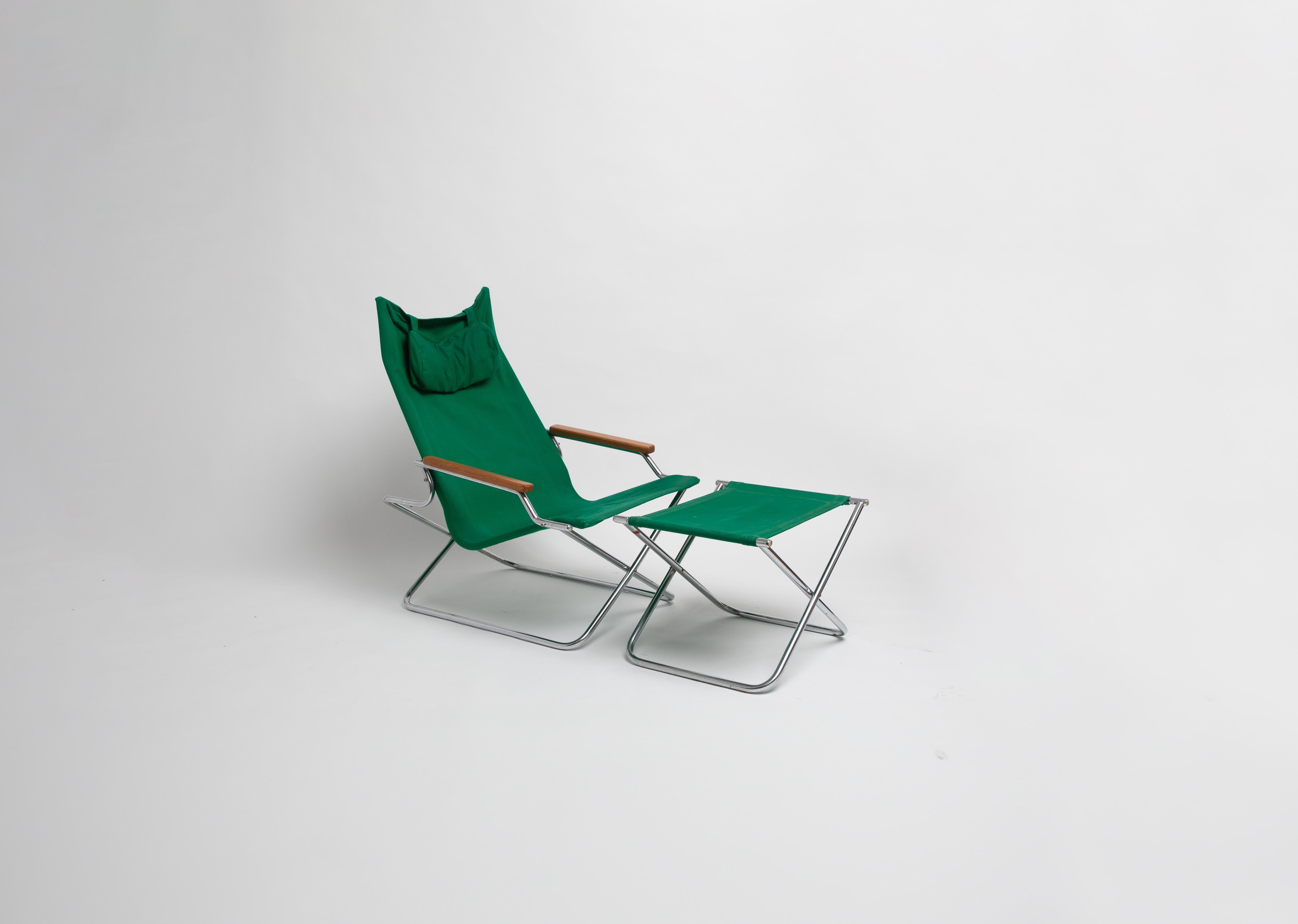 A specimen. 
This is not the NY chair. Indoor camp sensibilities for the modern age. Something of a mid century myth. Completely foldable and with removable headrest. Built tough in canvas, polished chrome and teak.  The first models were designed