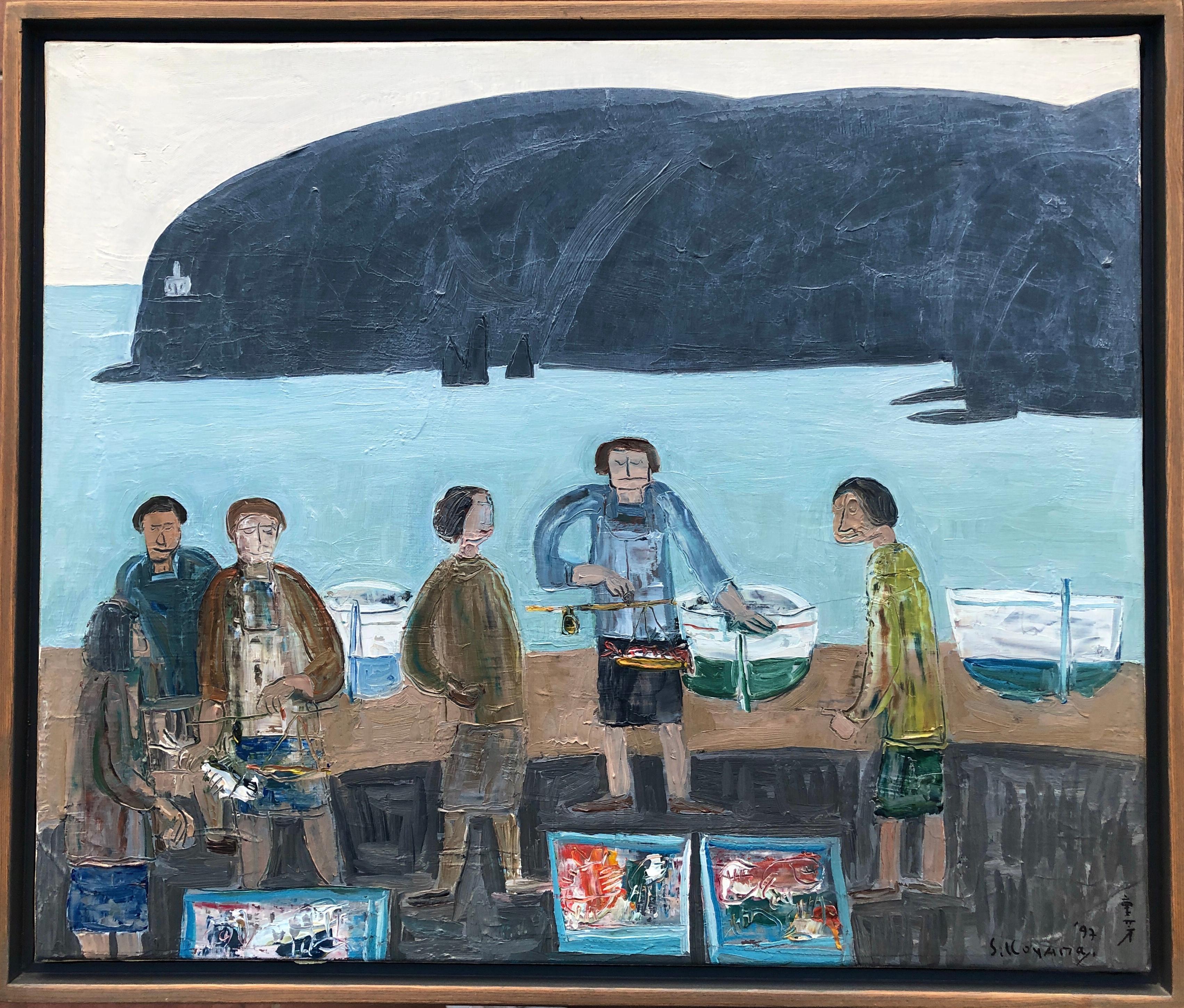 Fish Market in Cadaqués Spain oil on canvas painting seascape - Painting by Shigeyoshi Koyama
