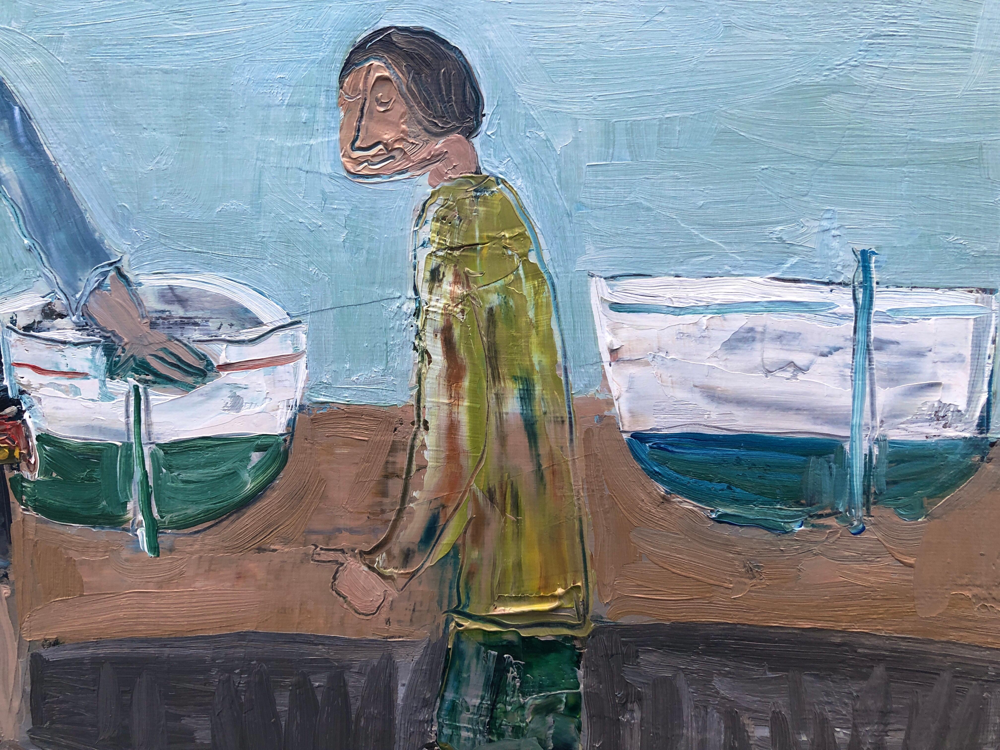 Fish Market in Cadaqués Spain oil on canvas painting seascape - Gray Figurative Painting by Shigeyoshi Koyama