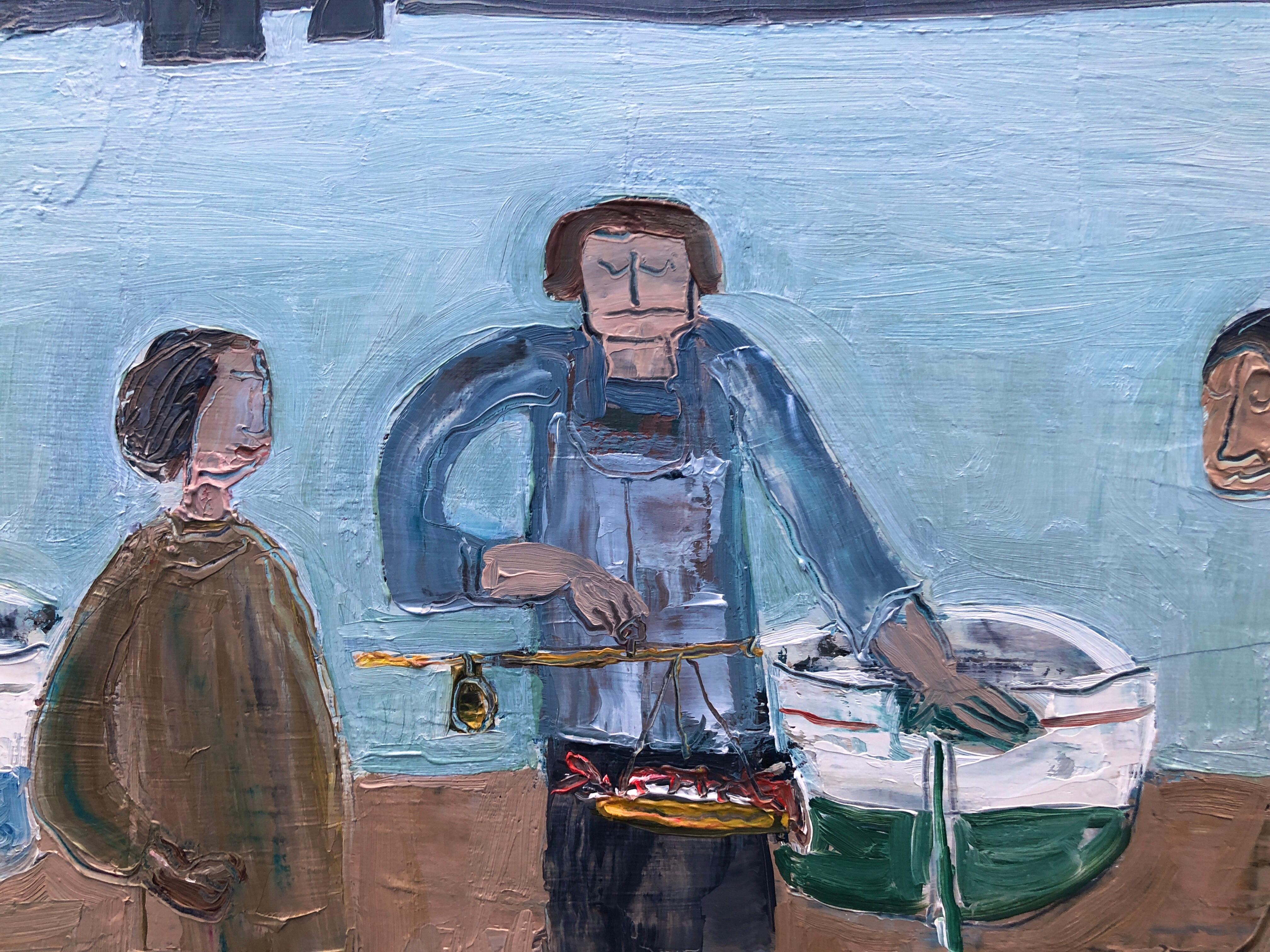 Title: Fish Market in Cadaqués
Artist: Shigeyoshi Koyama (1940, Osaka, Japan)
Technique: Oil on canvas
Style: Figurative Expressionism with Mediterranean influences
Dimensions (unframed): 18.1 x 21.7 in
Dimensions (framed): 19.7 x 23.2 in
Date: