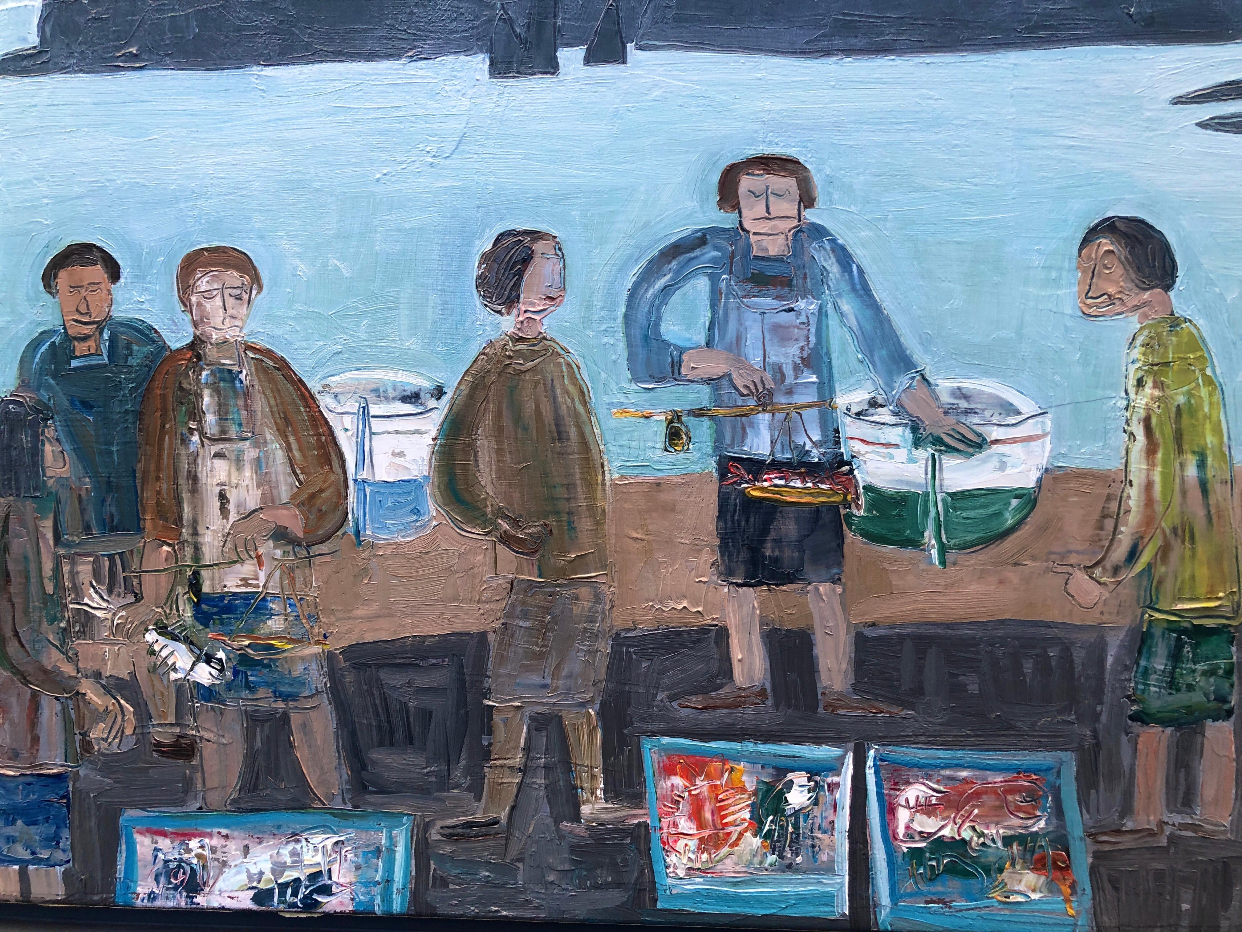 Fish Market in Cadaqués Spain oil on canvas painting seascape For Sale 2