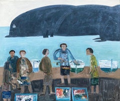 Mercado de pescado en Cadaqués España óleo sobre lienzo pintura paisaje marino
