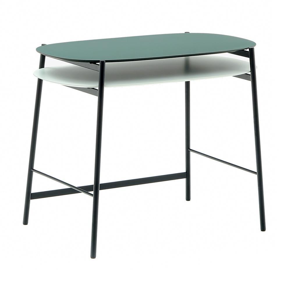 Shika desk by A+A Cooren
Materials: Base in chromed or black lacquered metal. Upper top in green, gray, or beige lacquered MDF Lower top in white lacquered MDF
Dimensions: 
Upper shelf: D 80 x W 45 cm
Lower shelf: D 85 x W 49 cm
Height 74 cm
Also