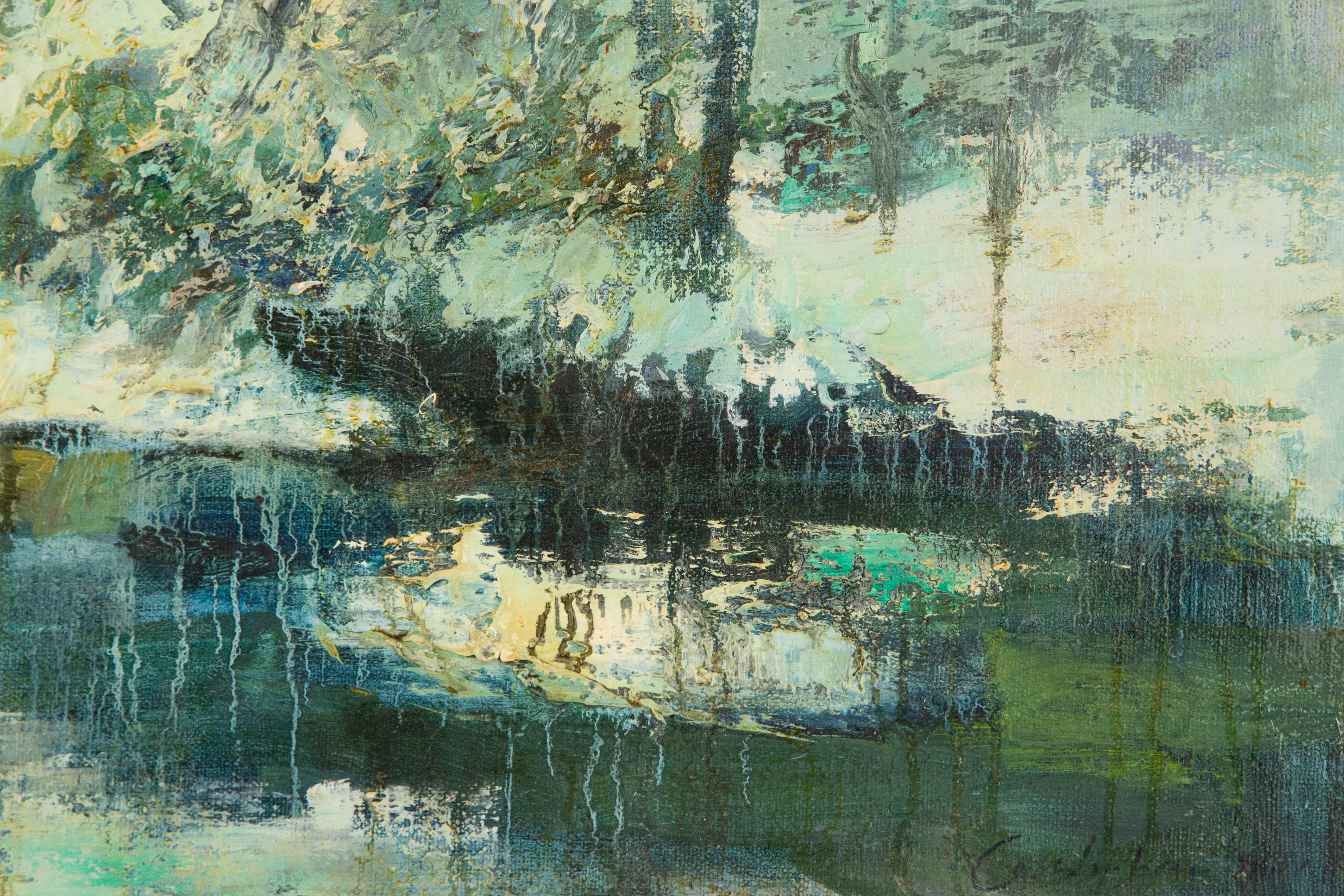 Shikai Guan Impressionistisches Original Ölgemälde auf Leinwand „Snowy Lakeside“ von Shikai Guan im Angebot 4