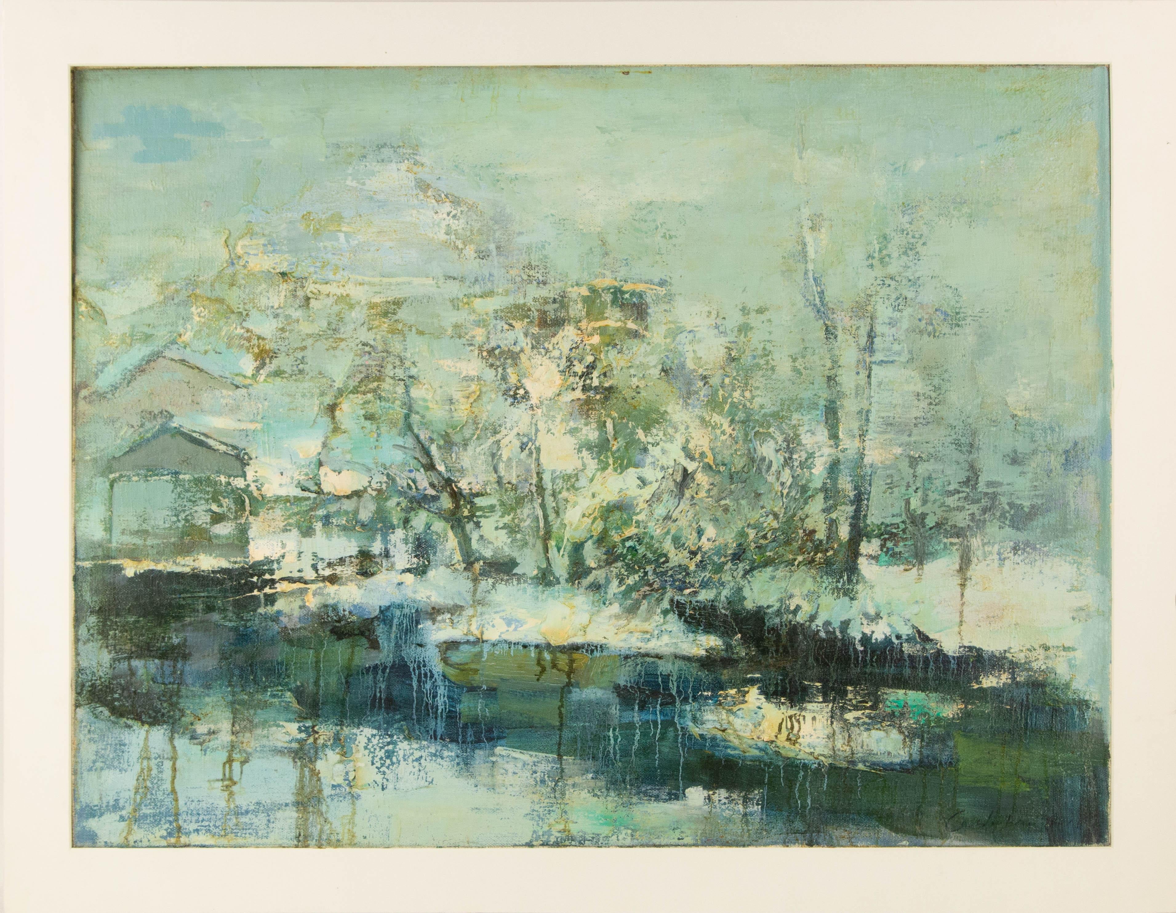 Shikai Guan Impressionistisches Original Ölgemälde auf Leinwand „Snowy Lakeside“ von Shikai Guan im Angebot 8