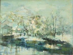 Shikai Guan Impressionist Original Oil On Canvas "Snowy Lakeside"