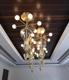 Shikhara Hanging Pendant Light, 4 Feet Edition with Blown Glass and Brass