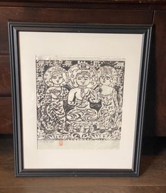 Shiko Munakata, signierter japanischer Holzschnitt mit drei Buddhas Shaka No Saku, Shaka No Saku