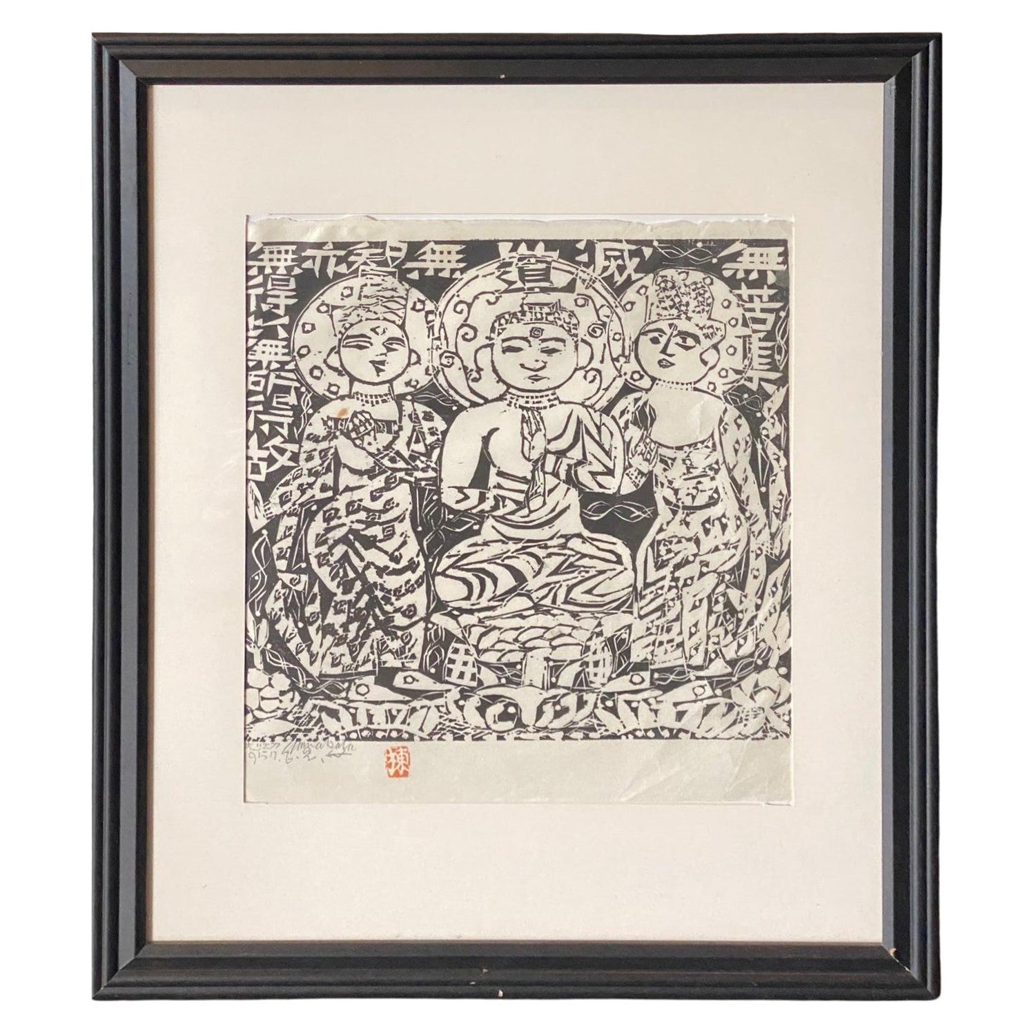 Shiko Munakata SignedJapanese Woodblock Print of Three Buddhas Shaka No Saku