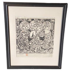 Shiko Munakata FirmadoImpresión xilográfica japonesa de tres budas Shaka No Saku