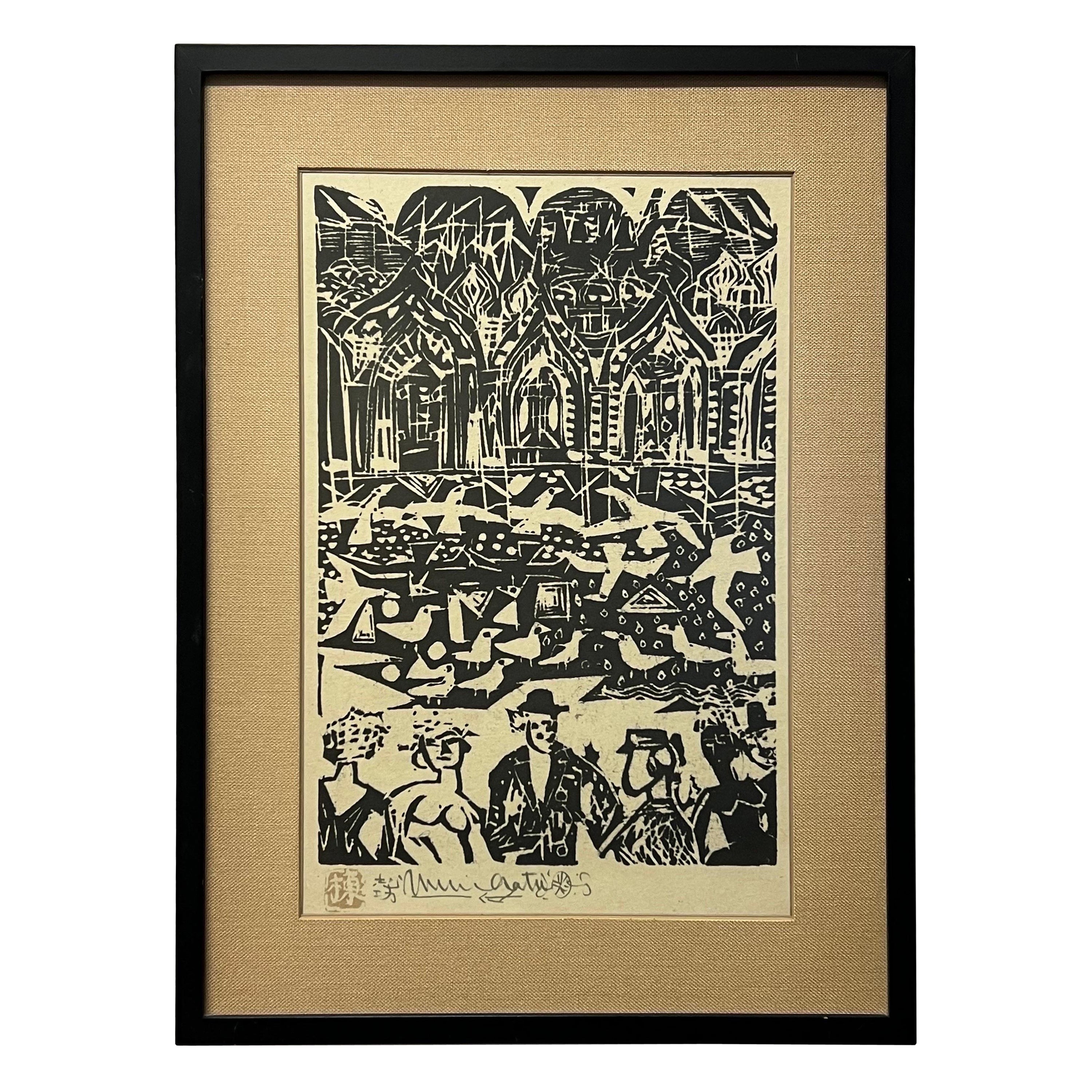 Shiko Munakata Woodblock "Marriage" Japan, circa 1960s