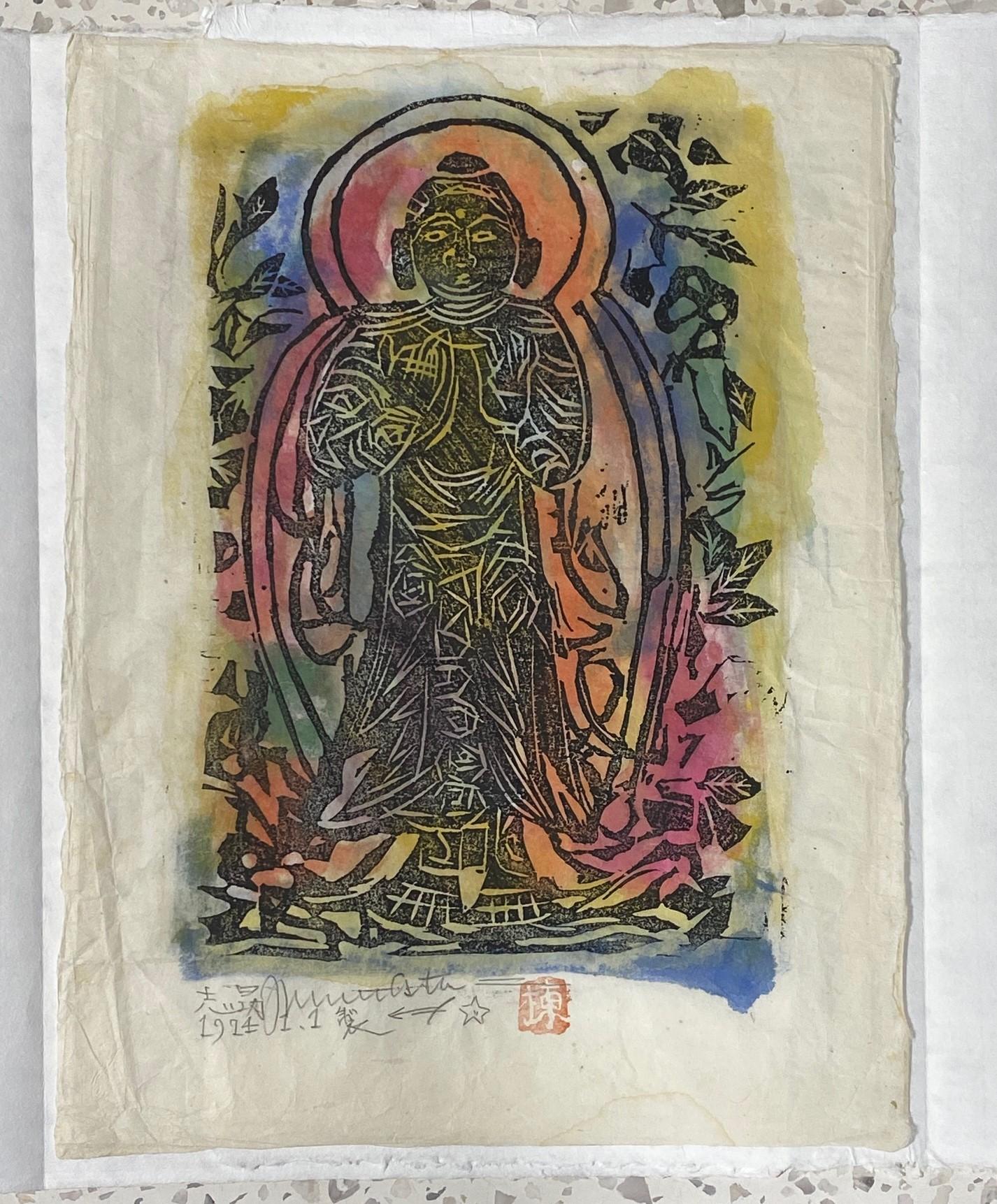 Ein wunderschöner Mingei-Holzschnitt mit dem Buddha oder Bodhisattva des berühmten japanischen Meisterdruckers und Künstlers der Showa-Ära, Shiko Munakata, der von vielen als einer der bedeutendsten modernen japanischen Künstler des zwanzigsten