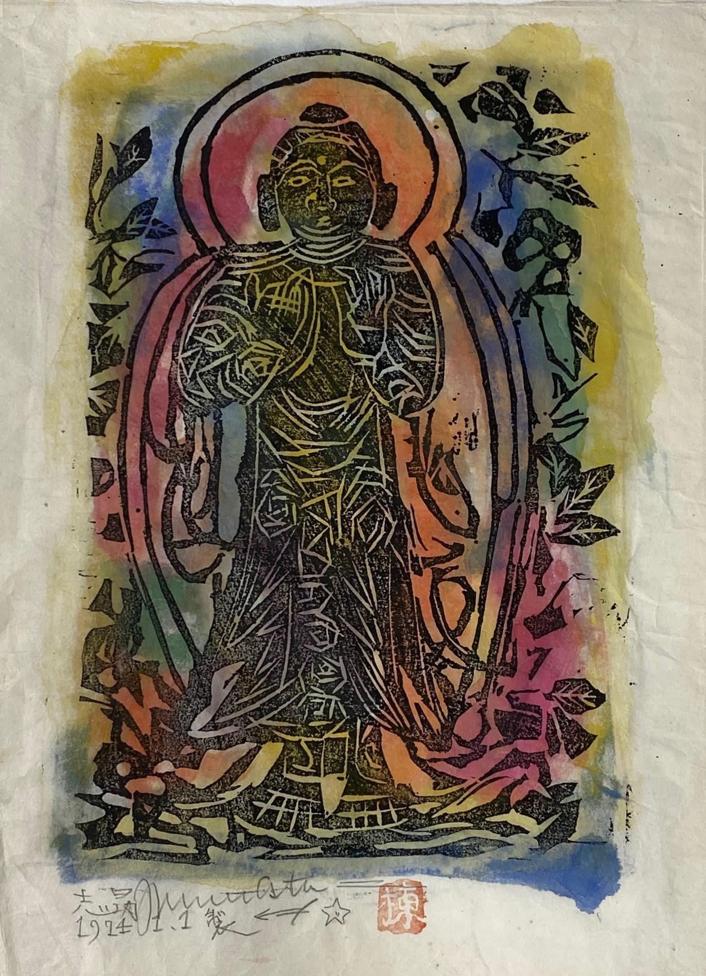 Showa Shiko Shikou Munakata Signed Japanese Woodblock Buddha Bodhisattva Print  For Sale