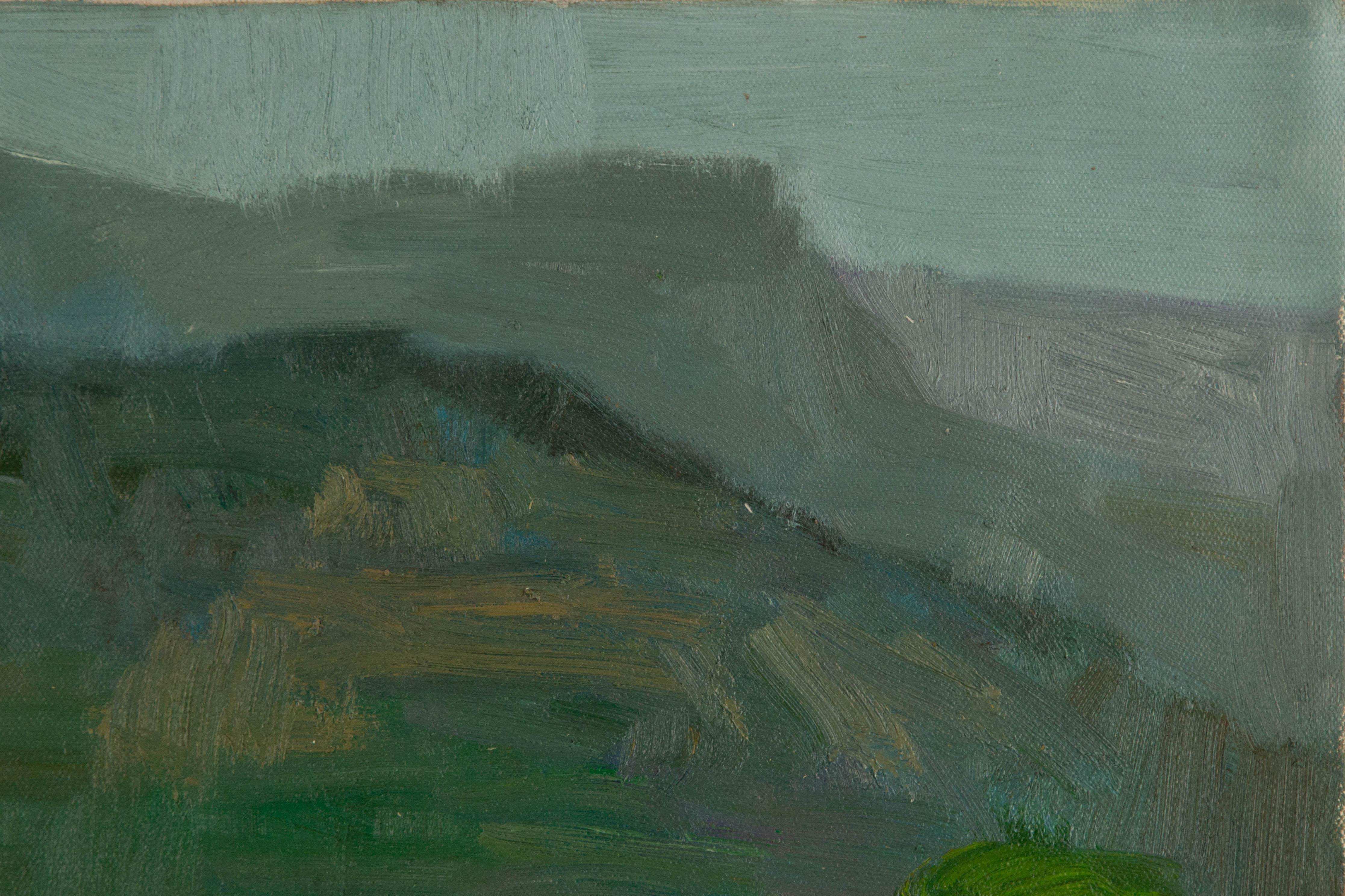  Title: Faraway Mountains
 Medium: Oil on canvas
 Size: 23.25 x 31.25 inches
 Frame: Framing options available!
 Condition: The painting appears to be in excellent condition.
 Note: This painting is unstretched, shipped rolled unless