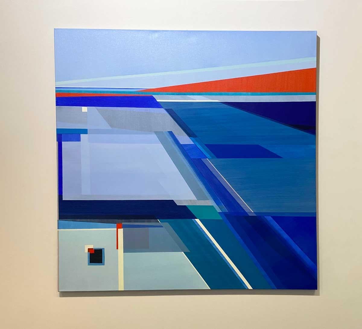 This large-scale, abstract geometric painting by Shilo Ratner measures 48