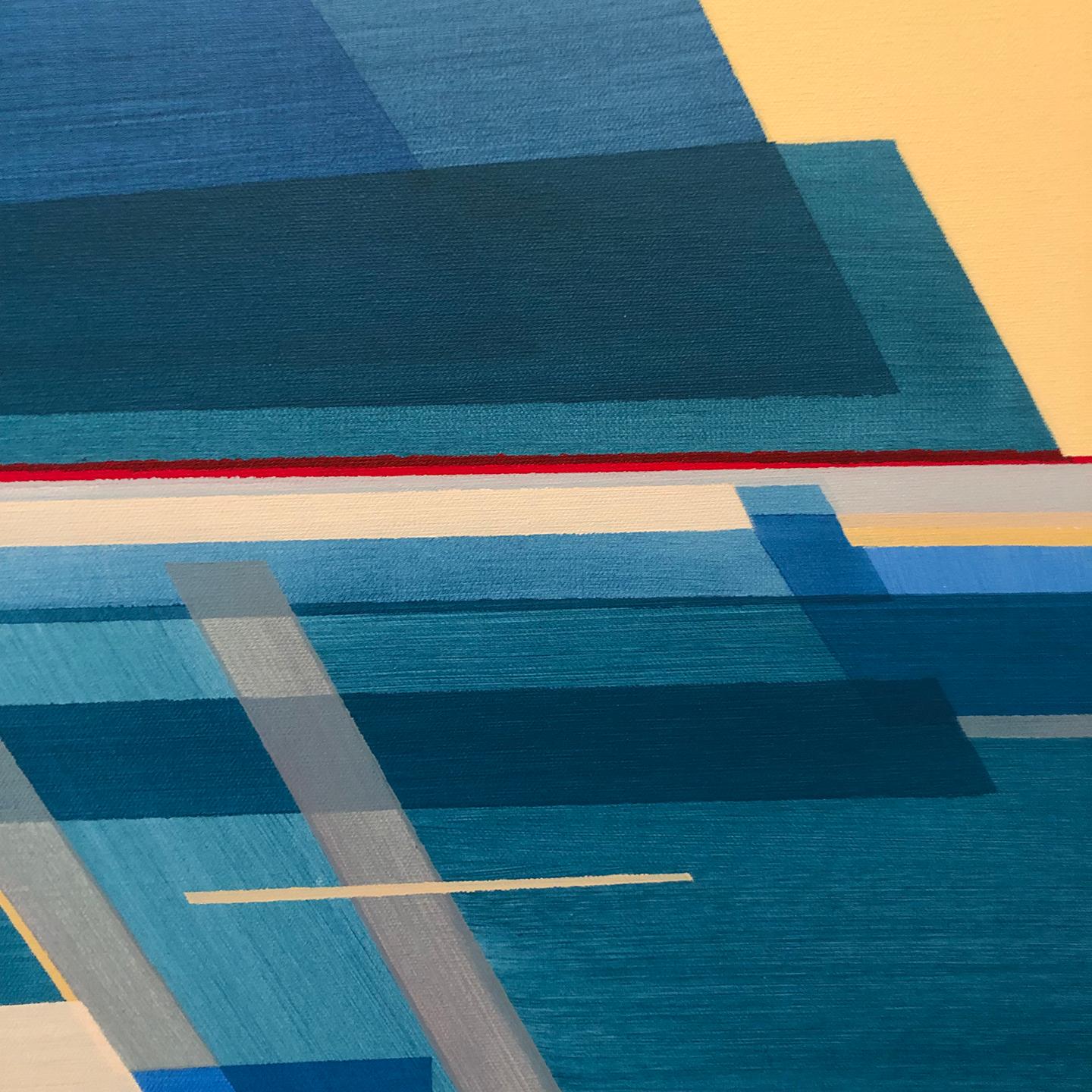 This abstract geometric painting by Shilo Ratner features geometric shapes in varying shades of blue, teal, and contrasting yellow-orange. The shapes are layered over top of one another horizontally, with most of the blue shades at the bottom and
