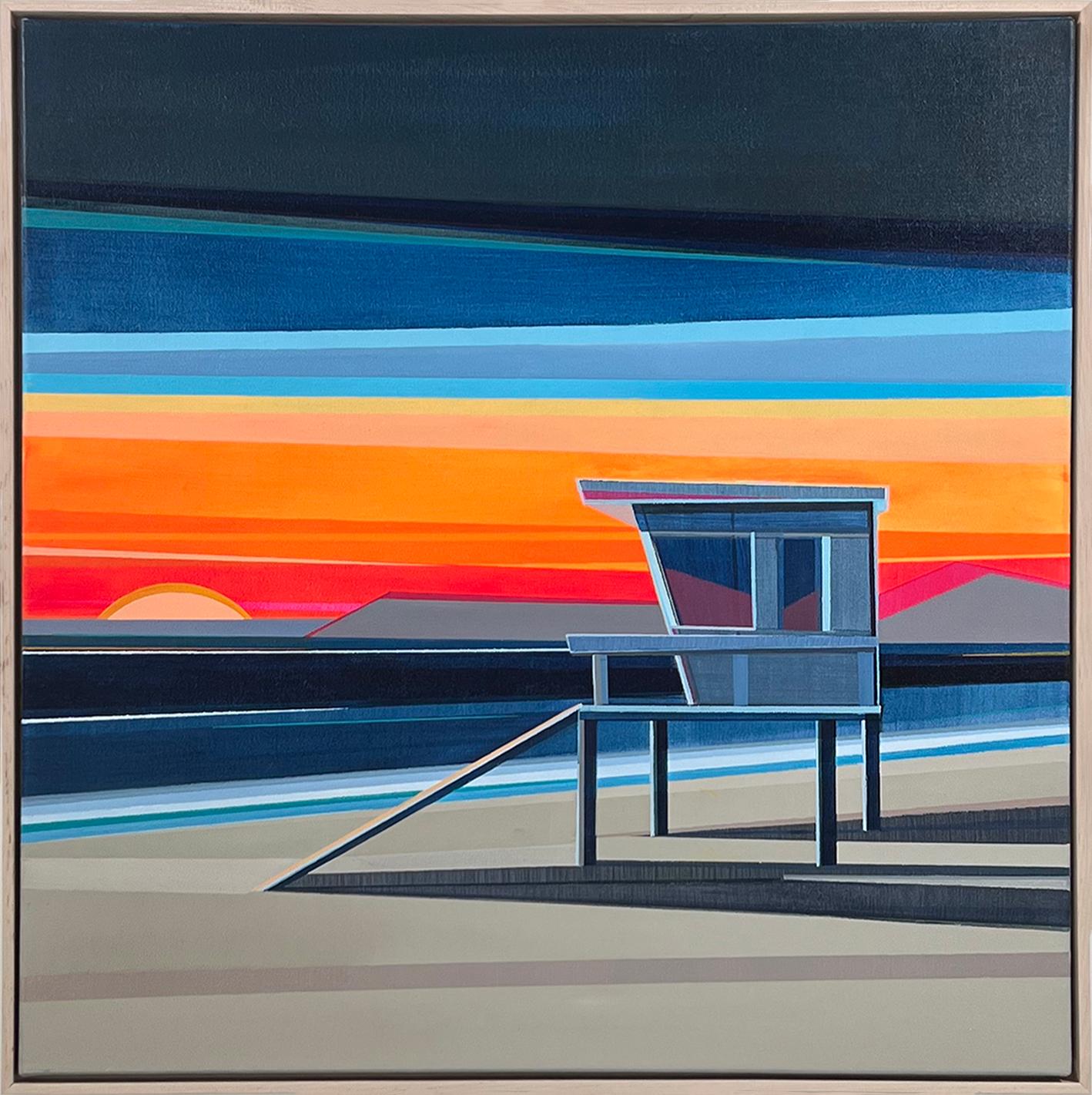 Shilo Ratner Landscape Painting - "Lifeguard Station, " Abstract Geometric Coastal Painting