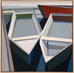 "Three Boats," Abstract Geometric Coastal Painting