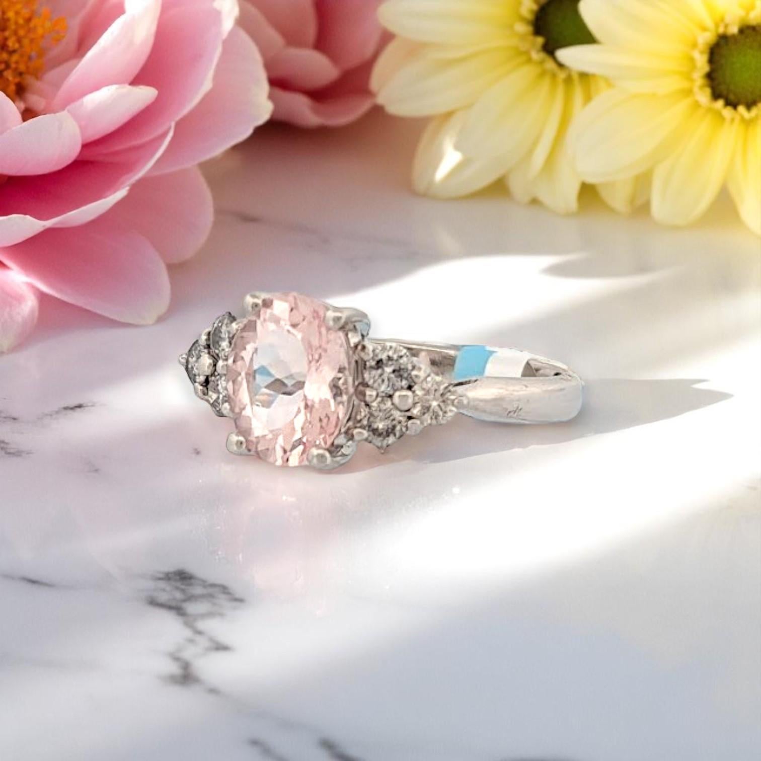 Emerald Cut Shiloh  14k White Gold Ring with 1.7 ct Oval Morganite & .39 ctw Diamonds For Sale