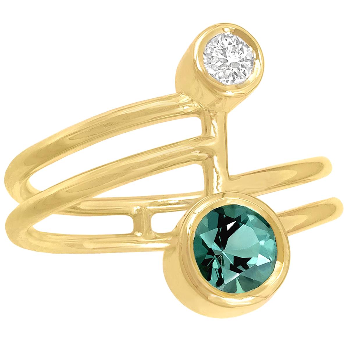 Blue Green Tourmaline White Diamond Gold Double Stone Ring, Shimell & Madden