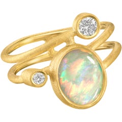 Shimell & Madden Australian White Opal Diamond Gold One of a Kind Ellipse Ring