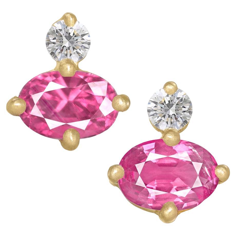 Pink Sapphire White Diamond Yellow Gold Duo Stud Earrings, Shimell & Madden