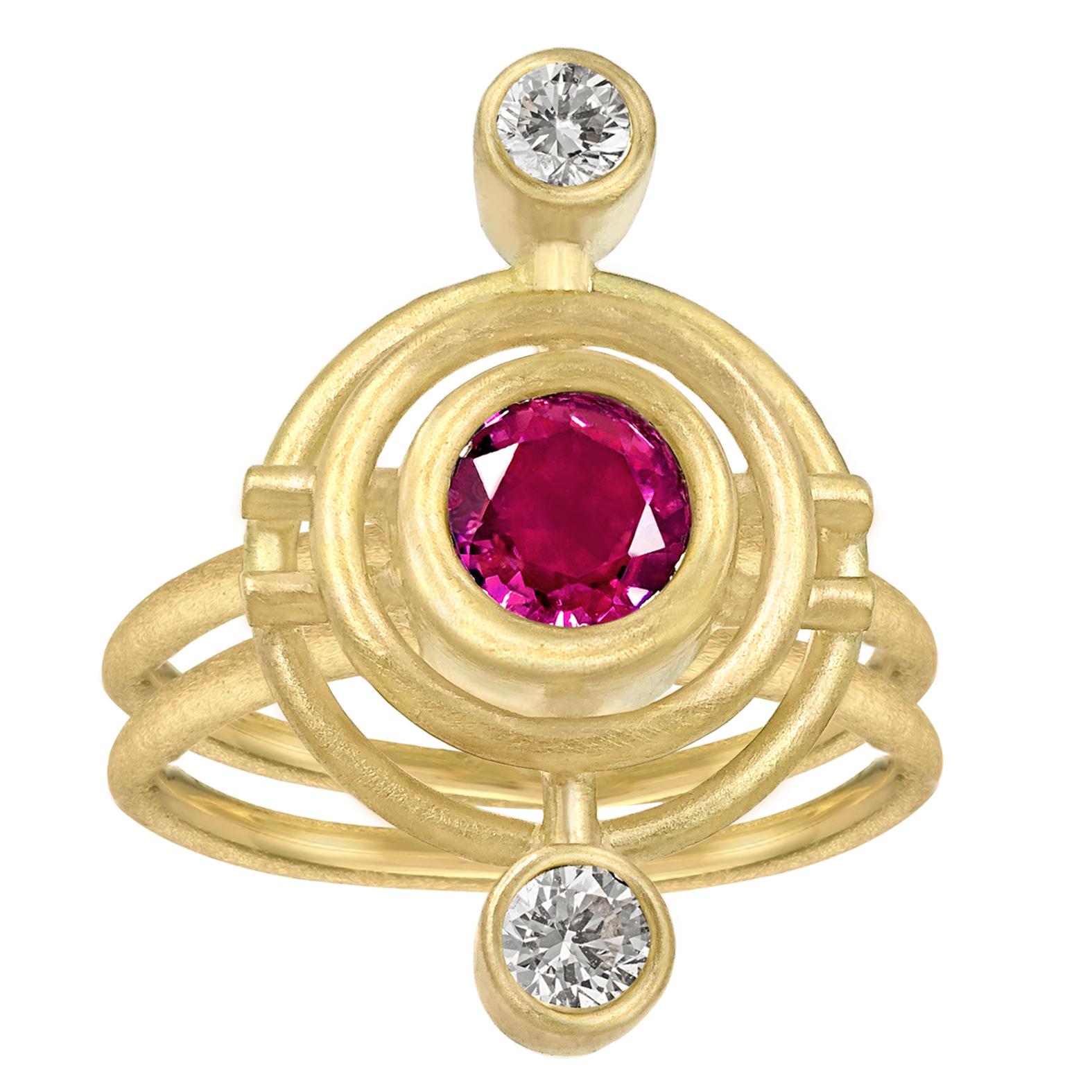 Brilliant Pink Sapphire White Diamond Yellow Gold Galaxy Ring, Shimell + Madden For Sale