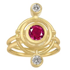 Brilliant Pink Sapphire White Diamond Yellow Gold Galaxy Ring, Shimell + Madden
