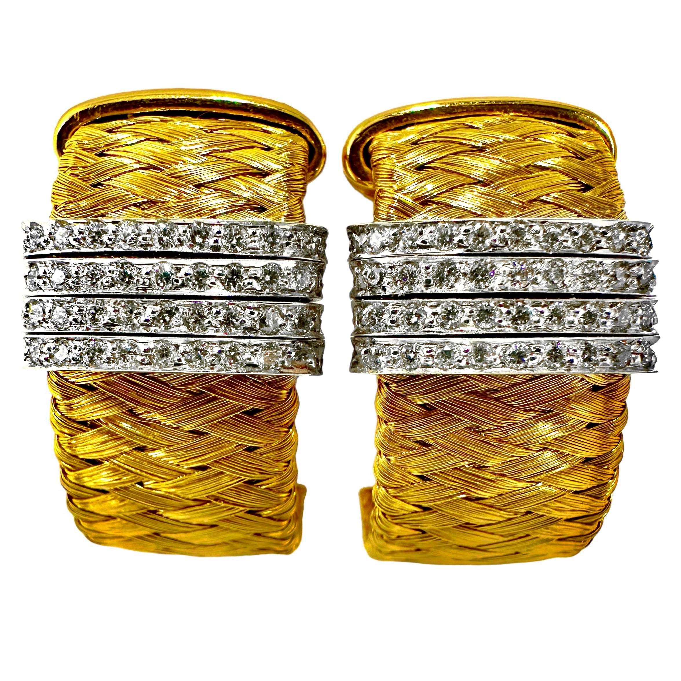 These are Italy's best and finest hand spun gold and diamond hoops. imagined and designed by Roberto Coin and fabricated by Italian master goldsmiths in Vicenza Italy.
Each part of the tightly braided surface is made up of 12 individual strands of