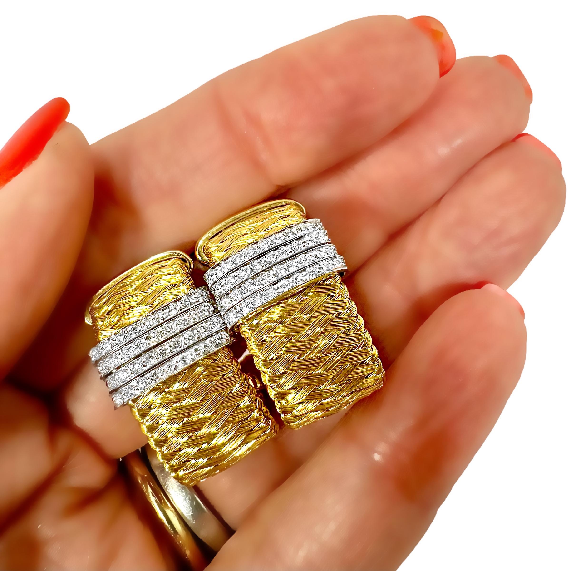 12 Strand Braided & Spun Roberto Coin Gold Hoop Earrings with Diamond Strips  For Sale 1