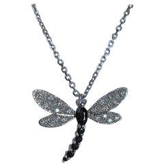 Shimmering 14 Karat White Gold Diamond and Sapphire Dragonfly Pendant on Chain