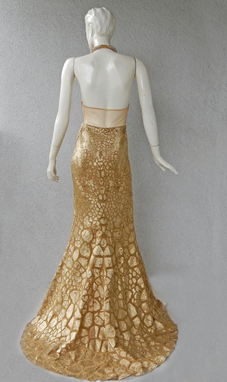 Brown Shimmering Alexander McQueen Gold Jeweled Evening Dress Gown For Sale