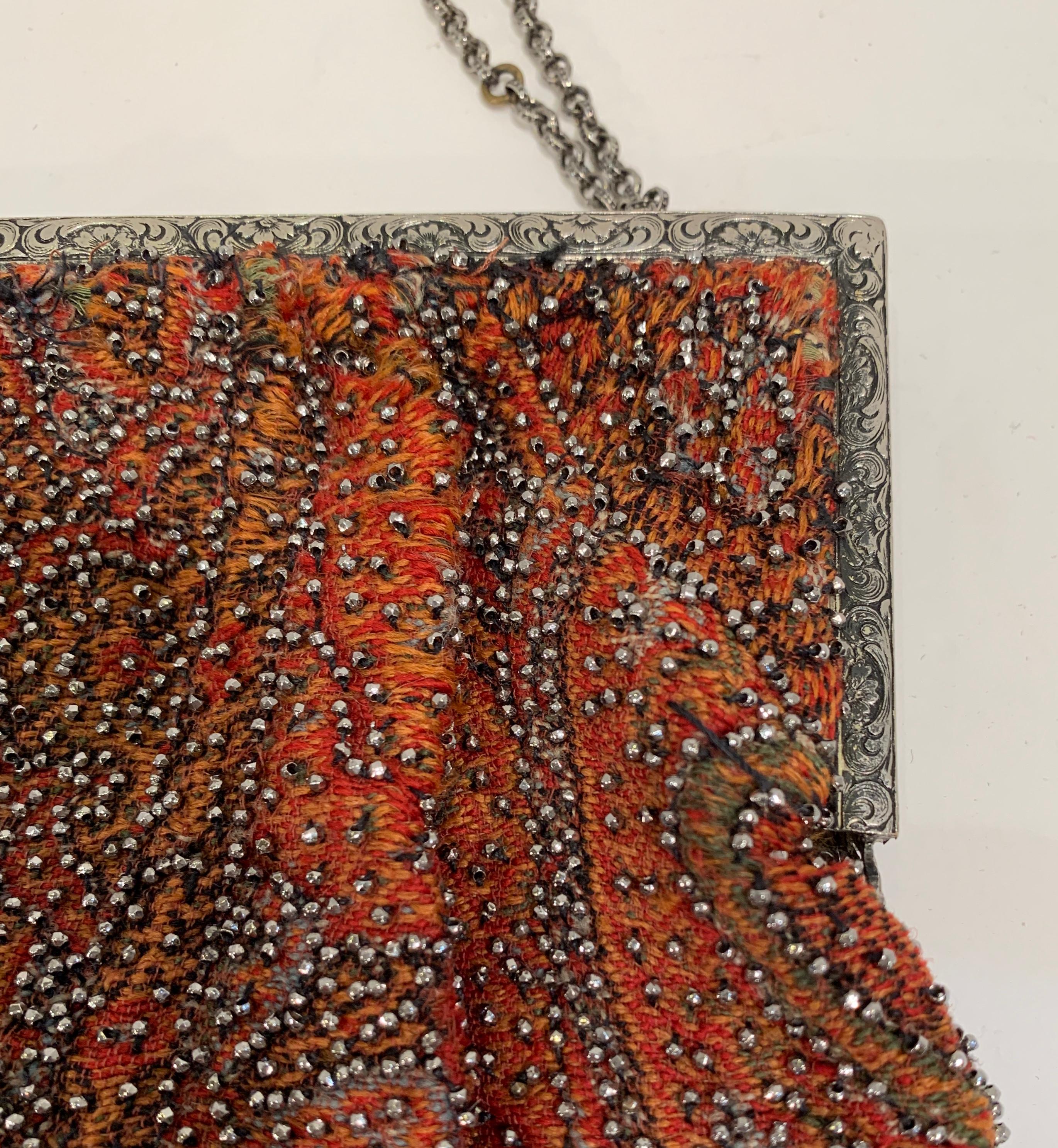 Shimmering Antique Art Deco 1920s Marcasite Beaded Paisley Flapper Evening Bag In Good Condition In Tustin, CA