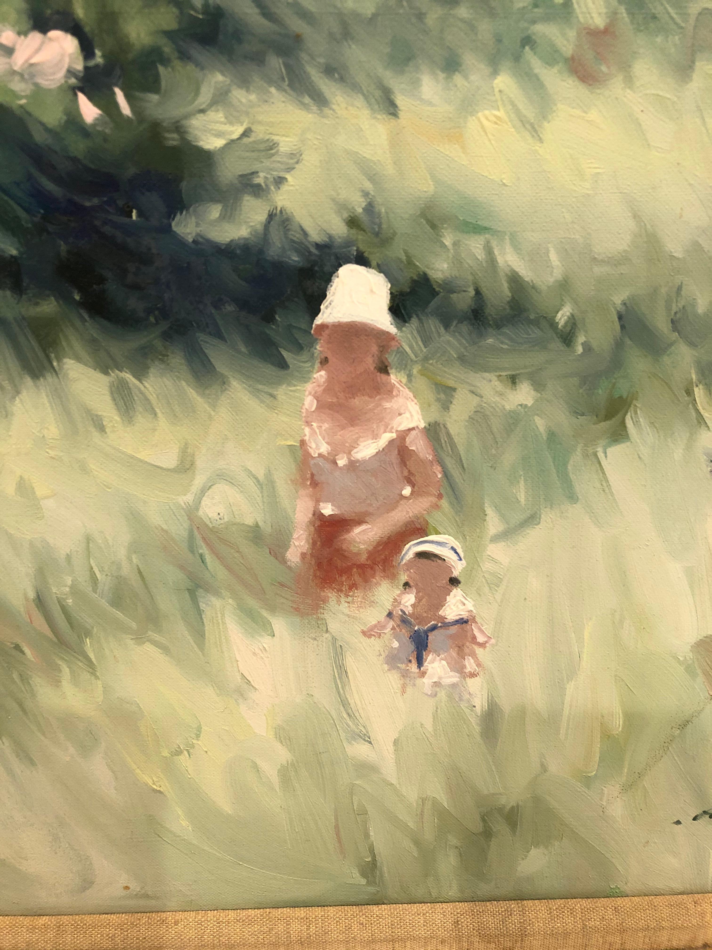 Eine wunderschöne Landschaft mit einer charmanten Mutter und ihrer Tochter, die in den Feldern spazieren gehen, wurde von Andre Gisson (1921-2003) gemalt, der für seine herrlichen impressionistischen Gemälde bekannt ist. Der Amerikaner Gisson, der