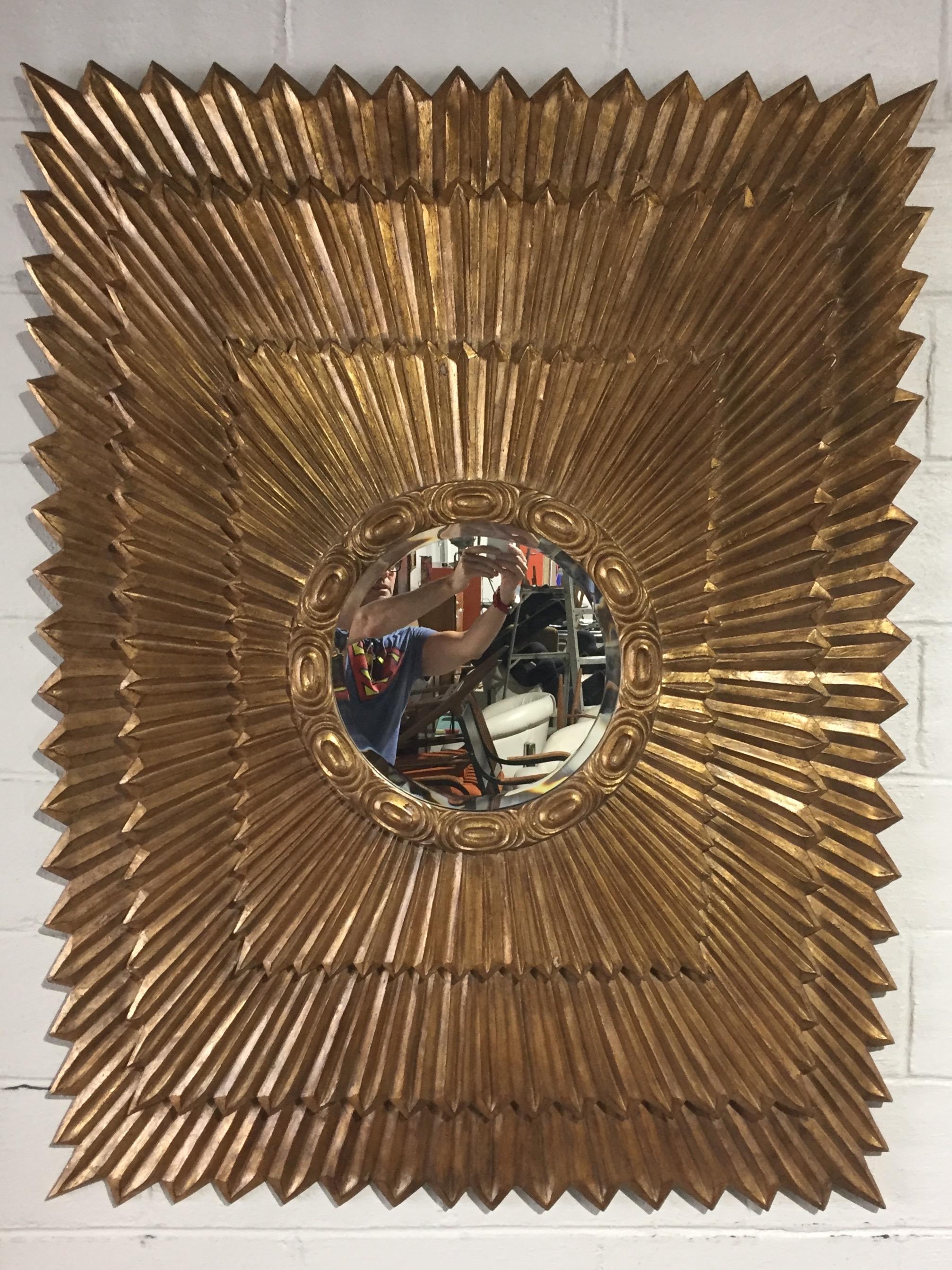 Shimmering Impressively Large Rectangular Italian Giltwood Sunburst Mirror 1