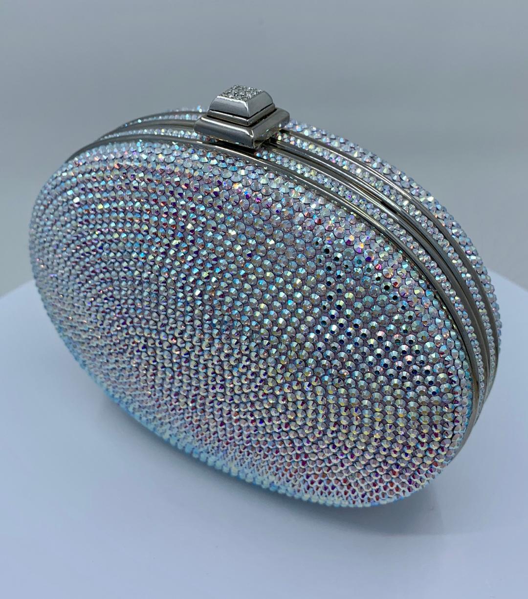 Shimmering Judith Leiber Oval Shaped Opalescent Crystal Miniaudiere Evening Bag In Good Condition In Tustin, CA