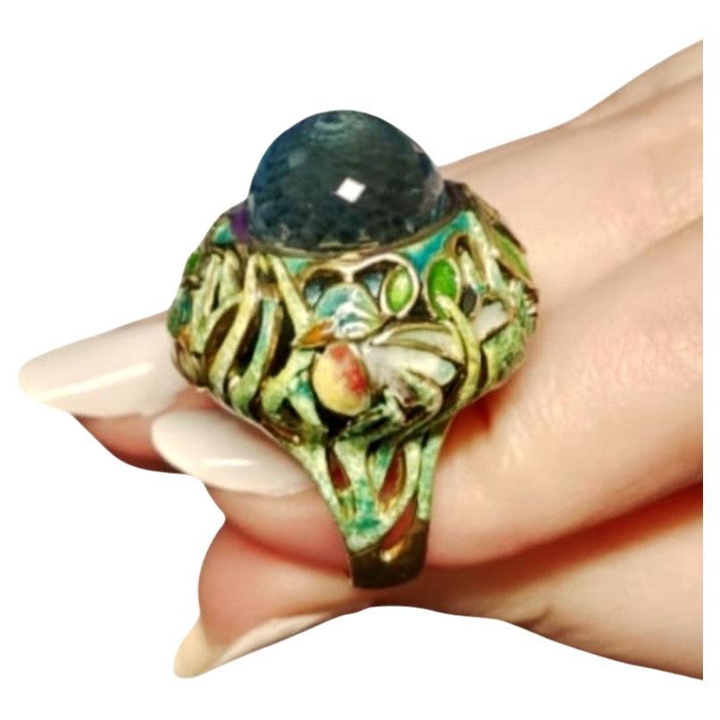 Cocktail Ring 18K Yellow Gold 33.3ct Swiss Topaz Gemstone & Hot Enamel