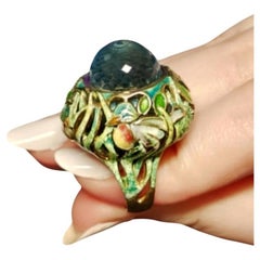 Cocktail Ring 18K Yellow Gold 33.3ct Swiss Topaz Gemstone & Hot Enamel