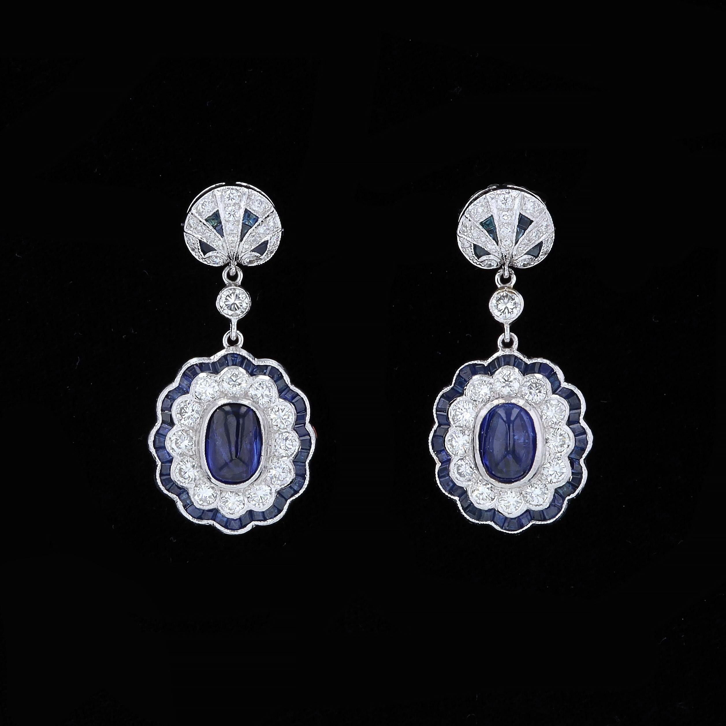Sugarloaf Cabochon Shimmering Sapphire and Diamond Vintage Drop Style Earrings For Sale