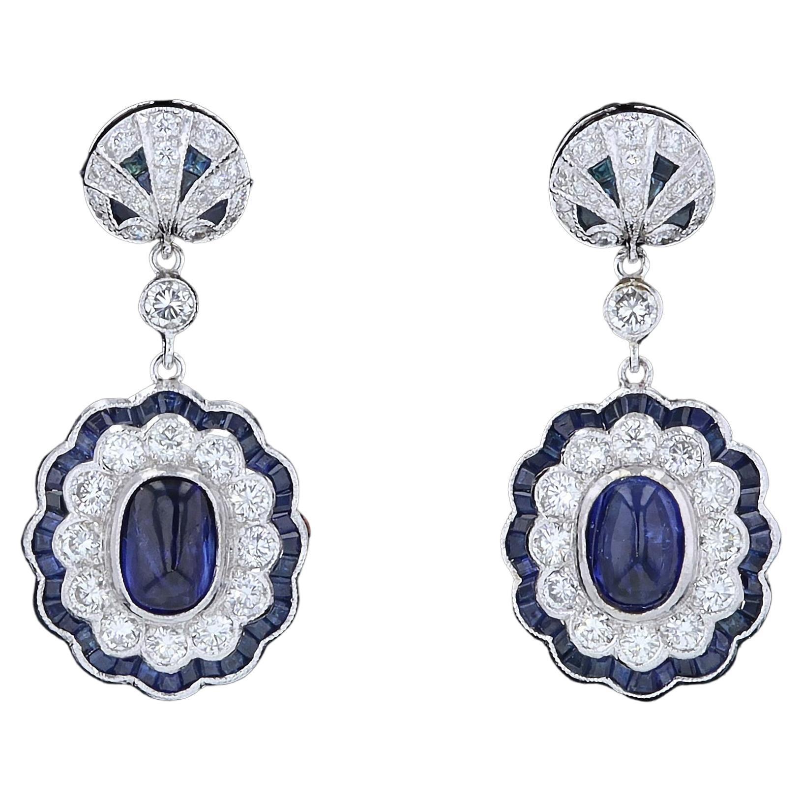 Shimmering Sapphire and Diamond Vintage Drop Style Earrings