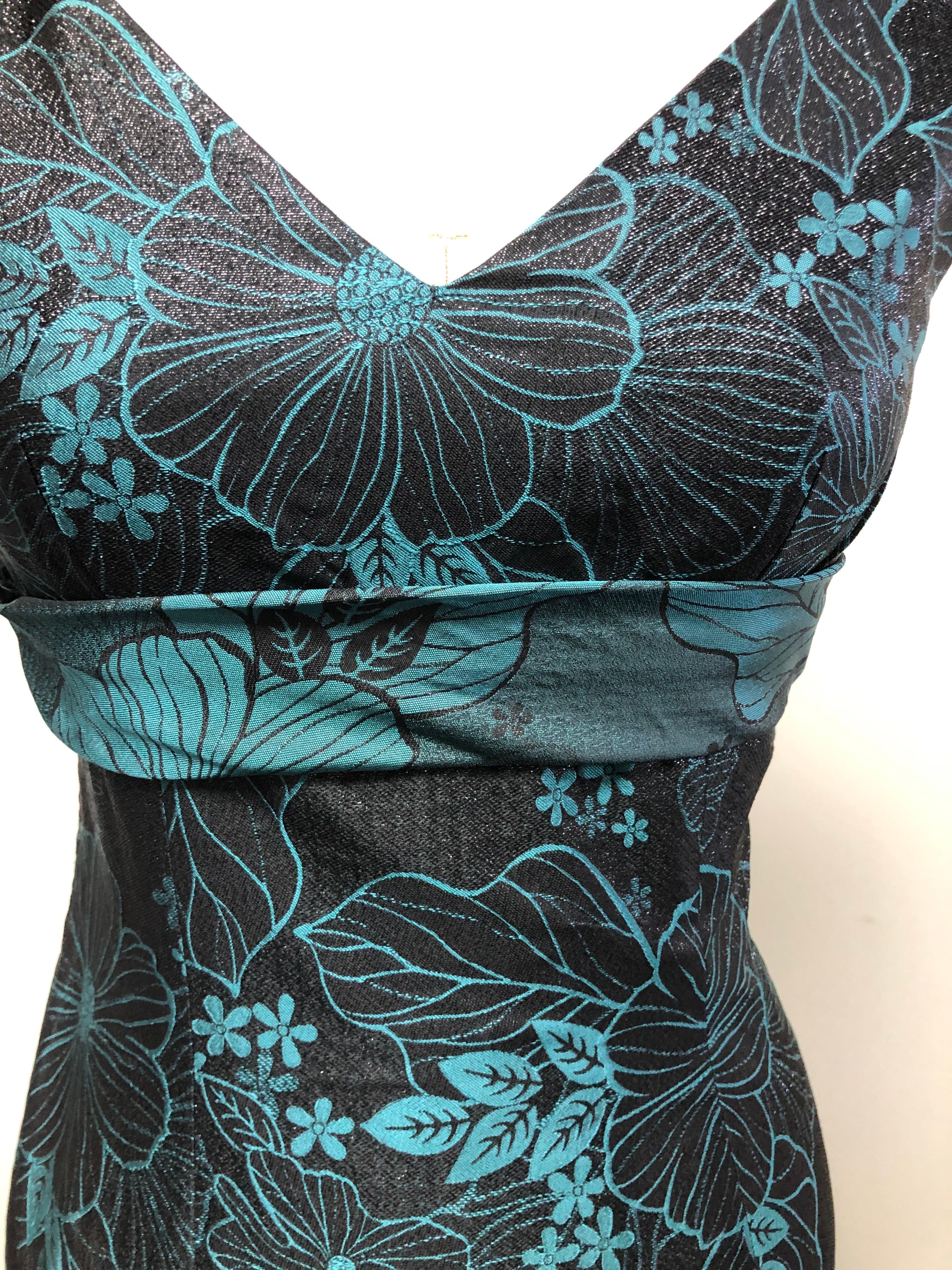 Shimmery Black and Turquoise V NecK Slim Dress with Back Bow In New Condition For Sale In Los Angeles, CA