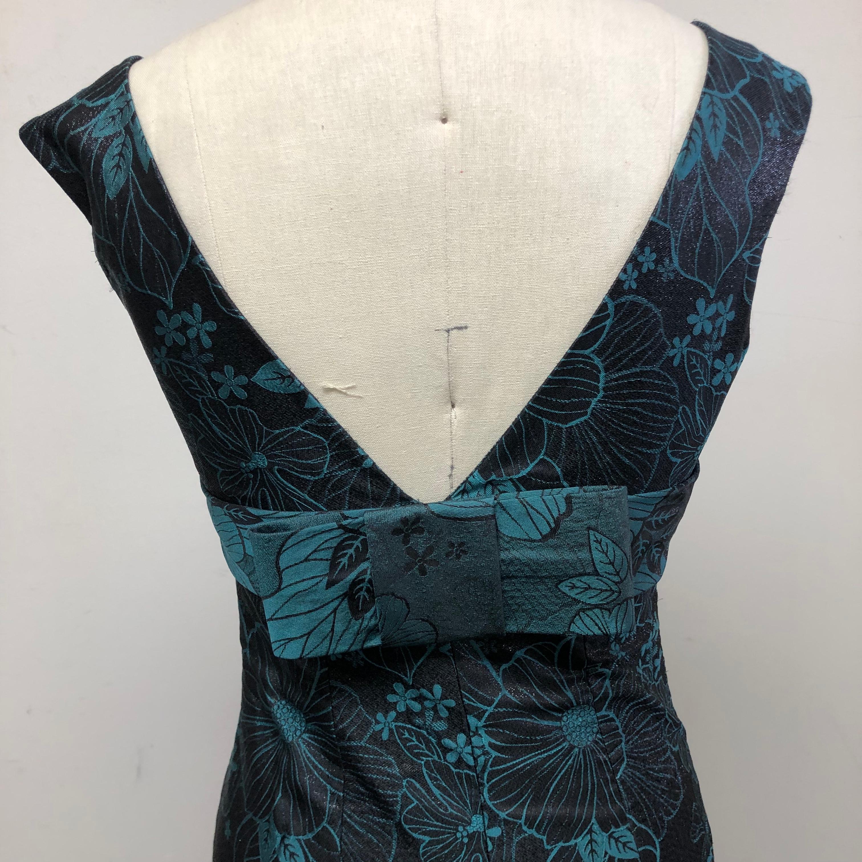 Women's Shimmery Black and Turquoise V NecK Slim Dress with Back Bow For Sale