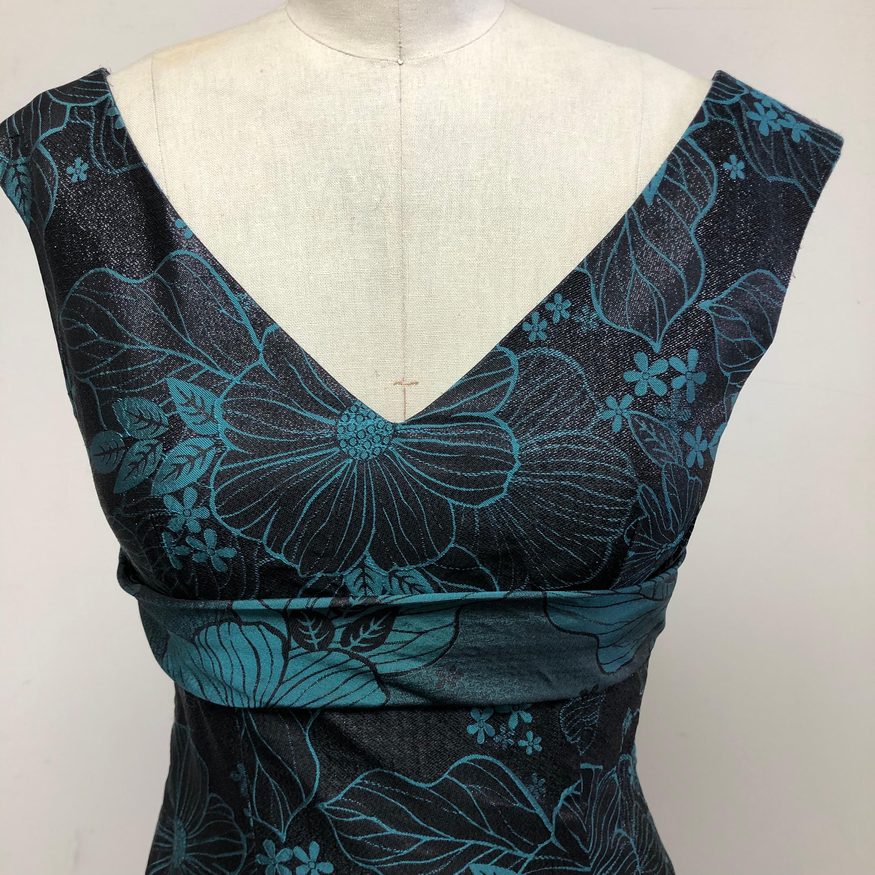 Shimmery Black and Turquoise V NecK Slim Dress with Back Bow For Sale 1