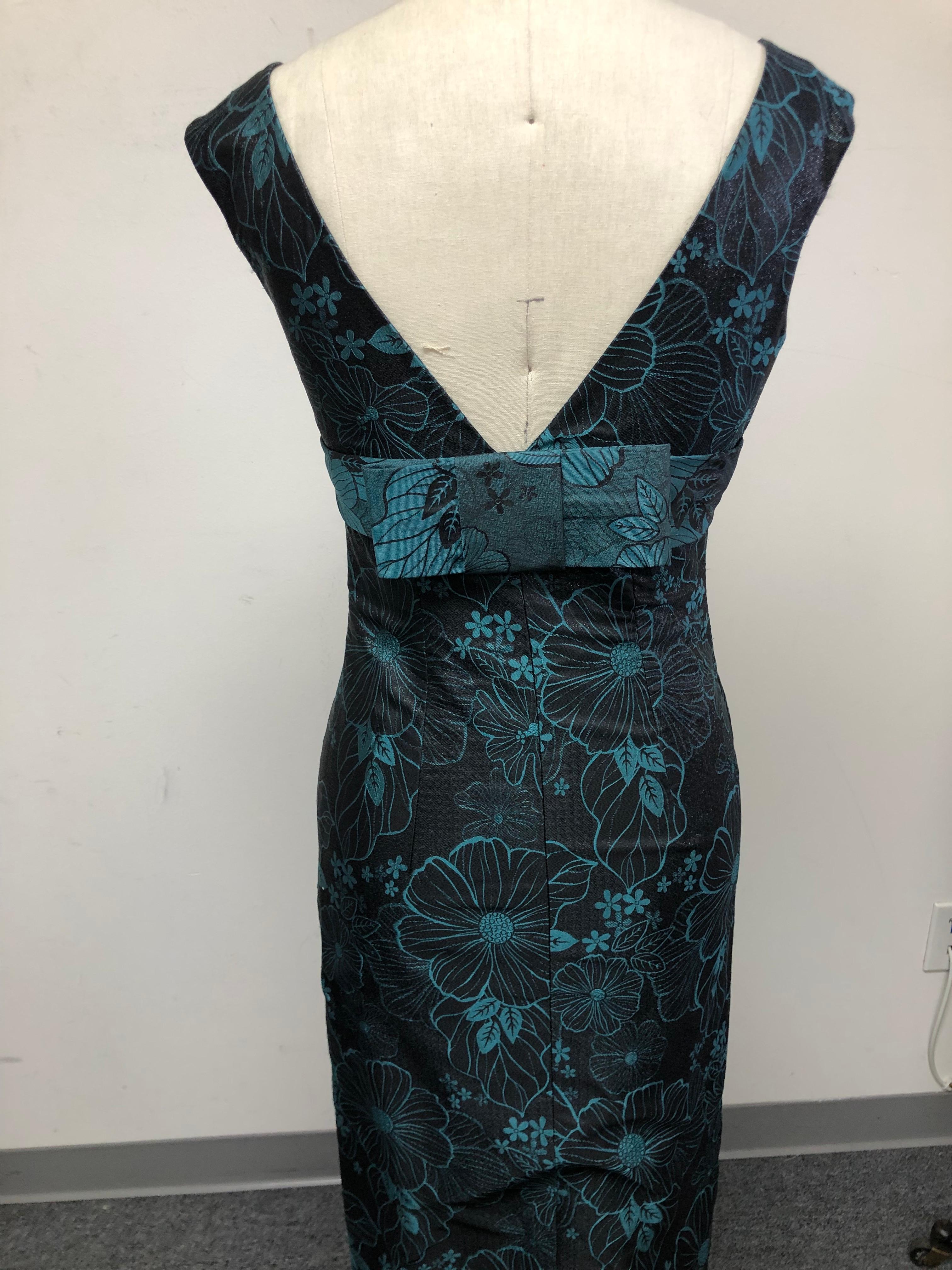 Shimmery Black and Turquoise V NecK Slim Dress with Back Bow For Sale 3