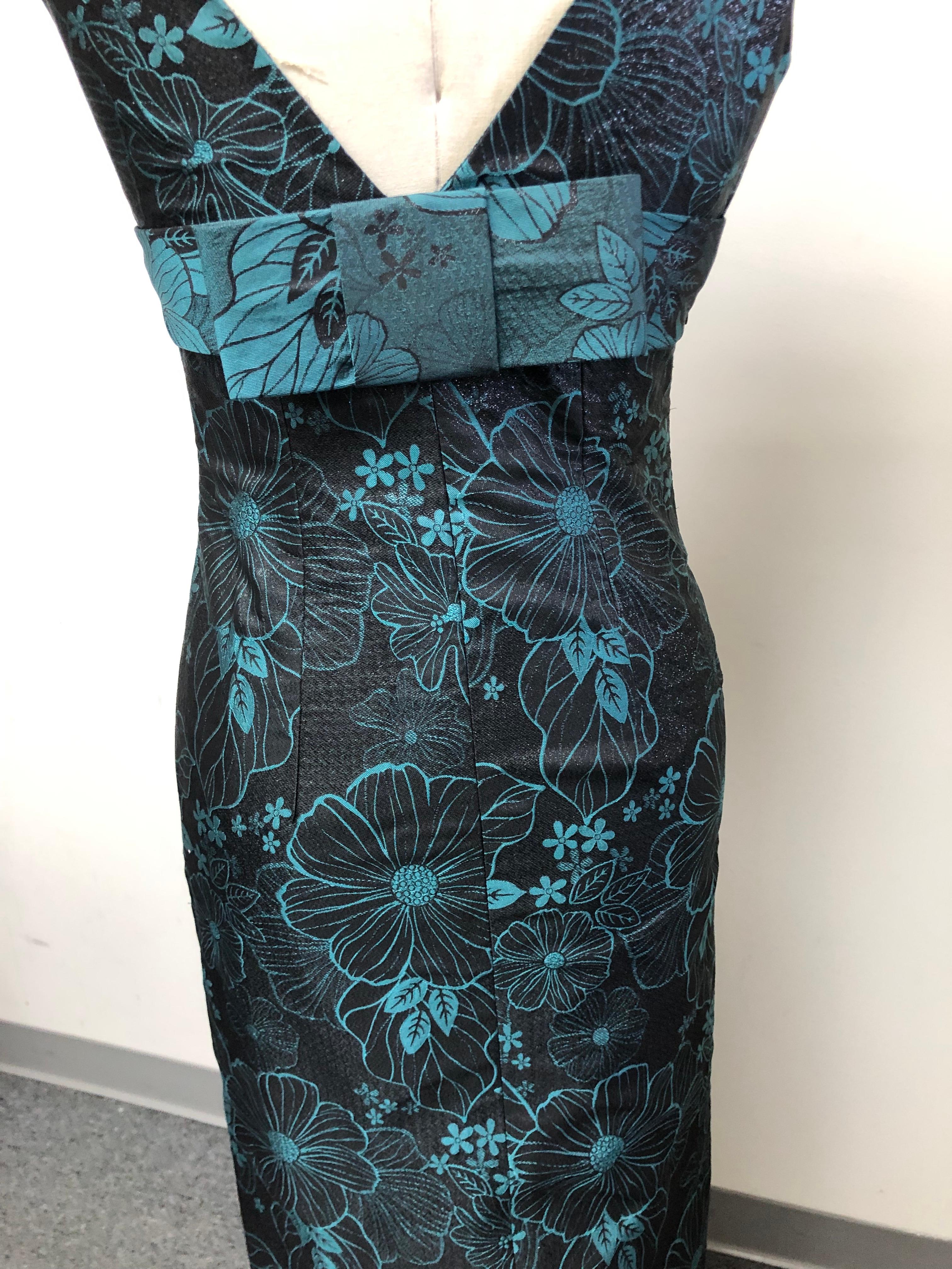 Shimmery Black and Turquoise V NecK Slim Dress with Back Bow For Sale 5